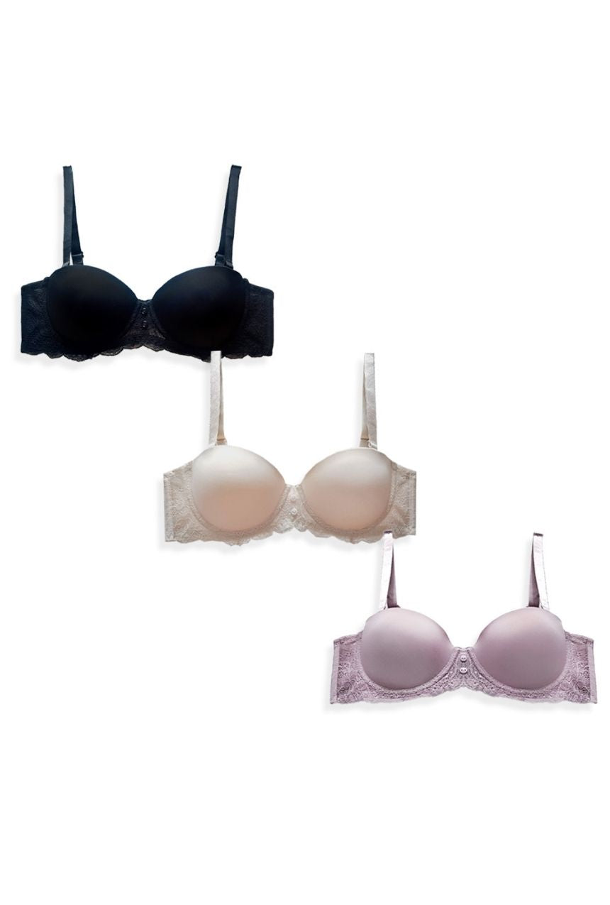 Paquete de 3 Brasier copa strapless tirantes removibles nude-negro-mauve
