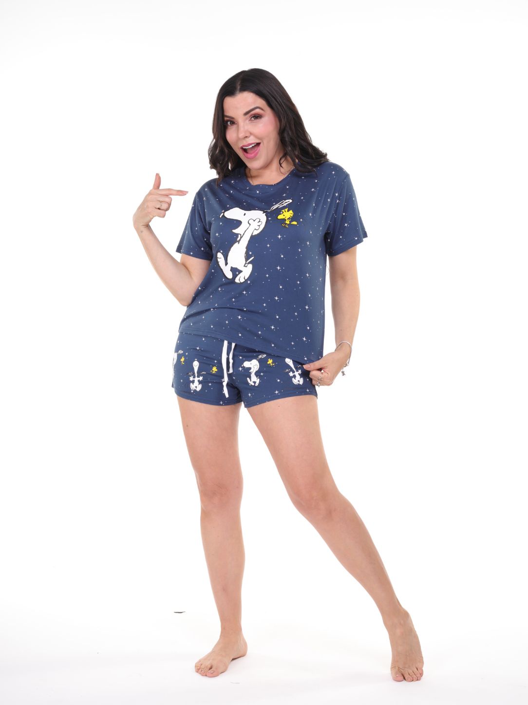 Pijama 3 piezas short, pantalón y camisa manga corta de snoopy azul estrellas