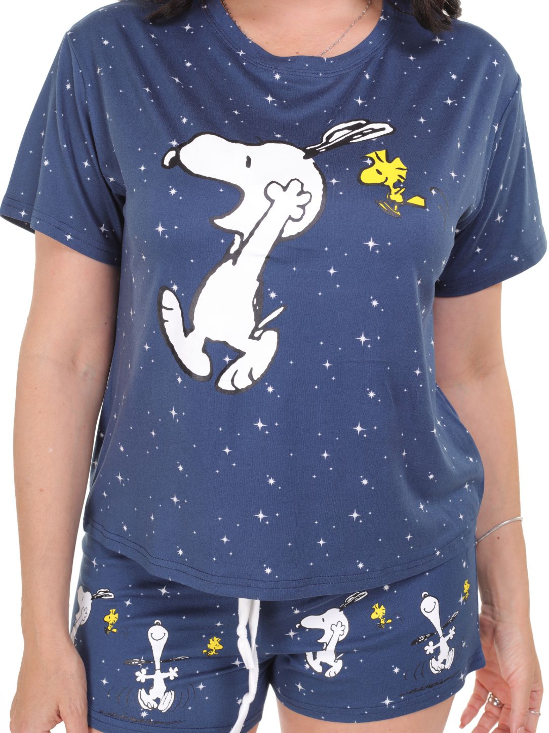 Pijama 3 piezas short, pantalón y camisa manga corta de snoopy azul estrellas