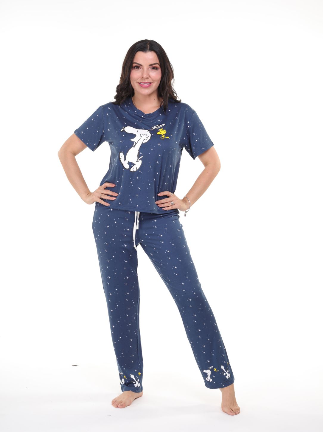 Pijama 3 piezas short, pantalón y camisa manga corta de snoopy azul estrellas