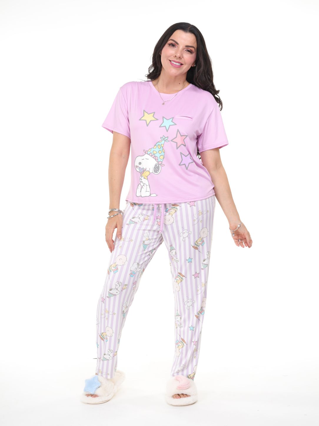 Pijama pantalón de rayas y camisa manga corta de snoopy rosa