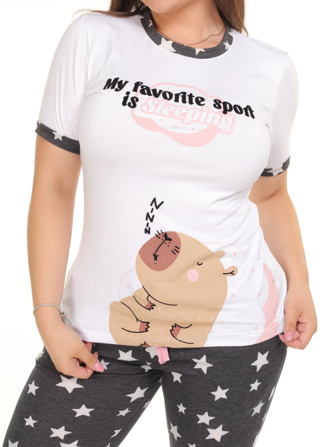 Pijama pantalón negro y camisa manga corta capibarara blanca