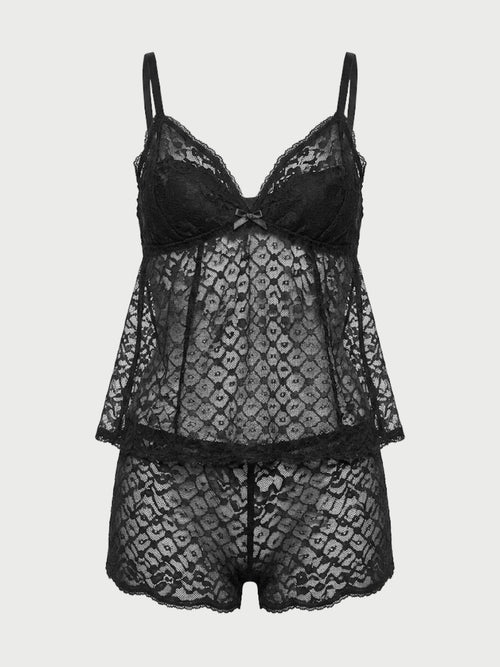 Baby doll de encaje con short y tirantes color negro