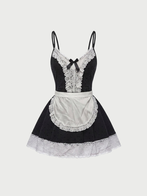Baby doll de encaje con delantal color negro y blanco
