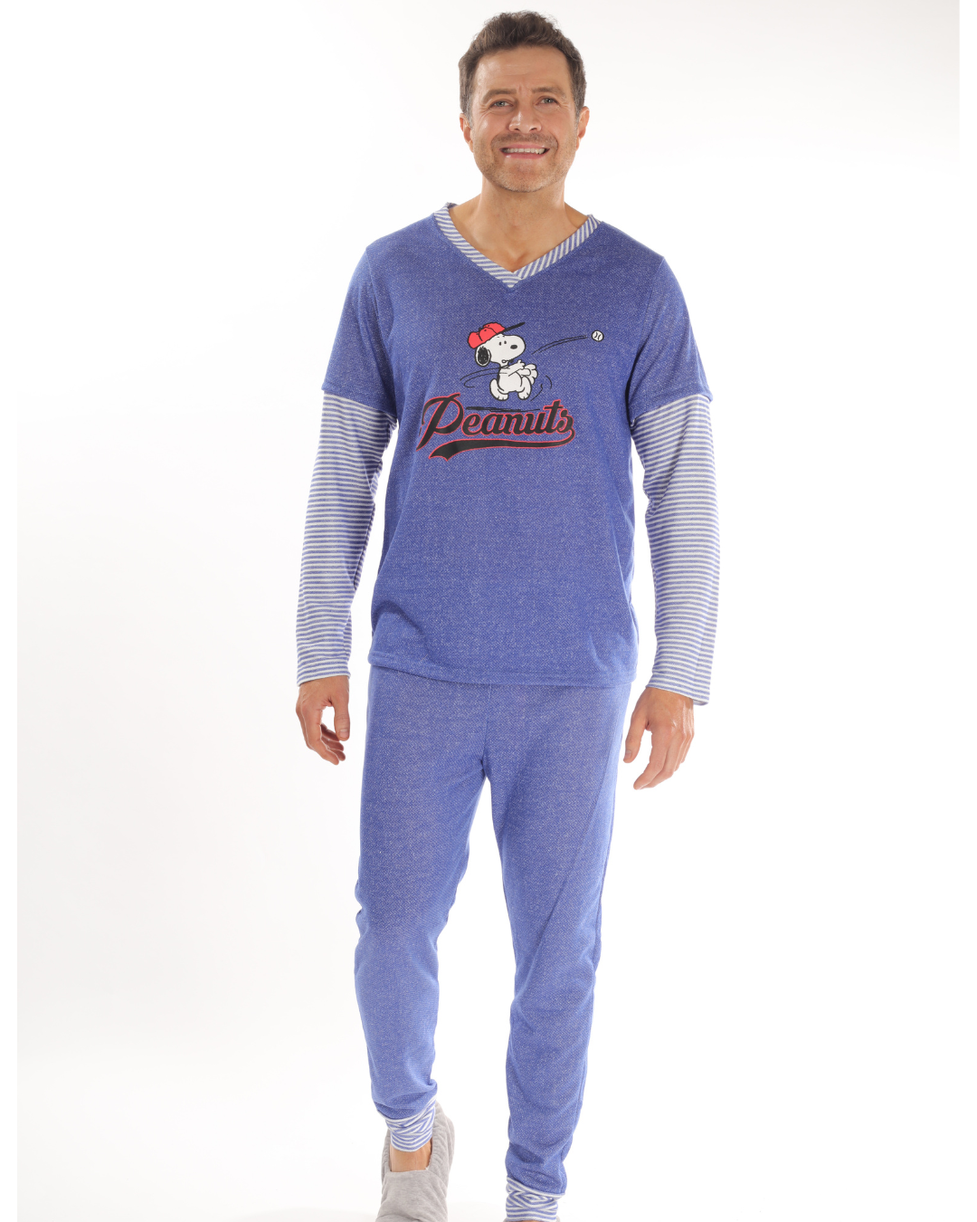 Pijama de hombre pantalón y camisa de manga larga azul de snoopy
