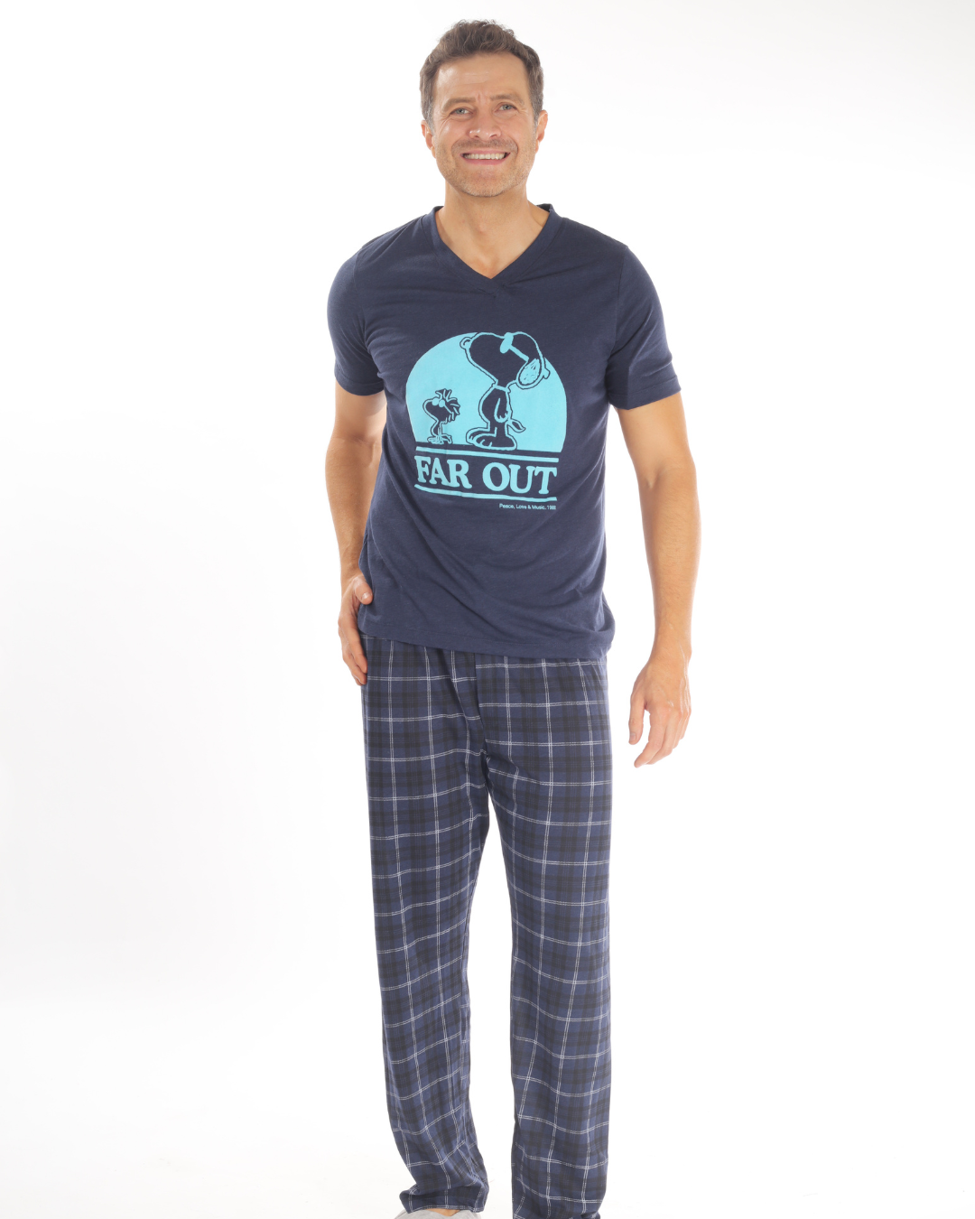 Pijama de hombre pantalón y camisa de manga corta azul de cuadros de snoopy