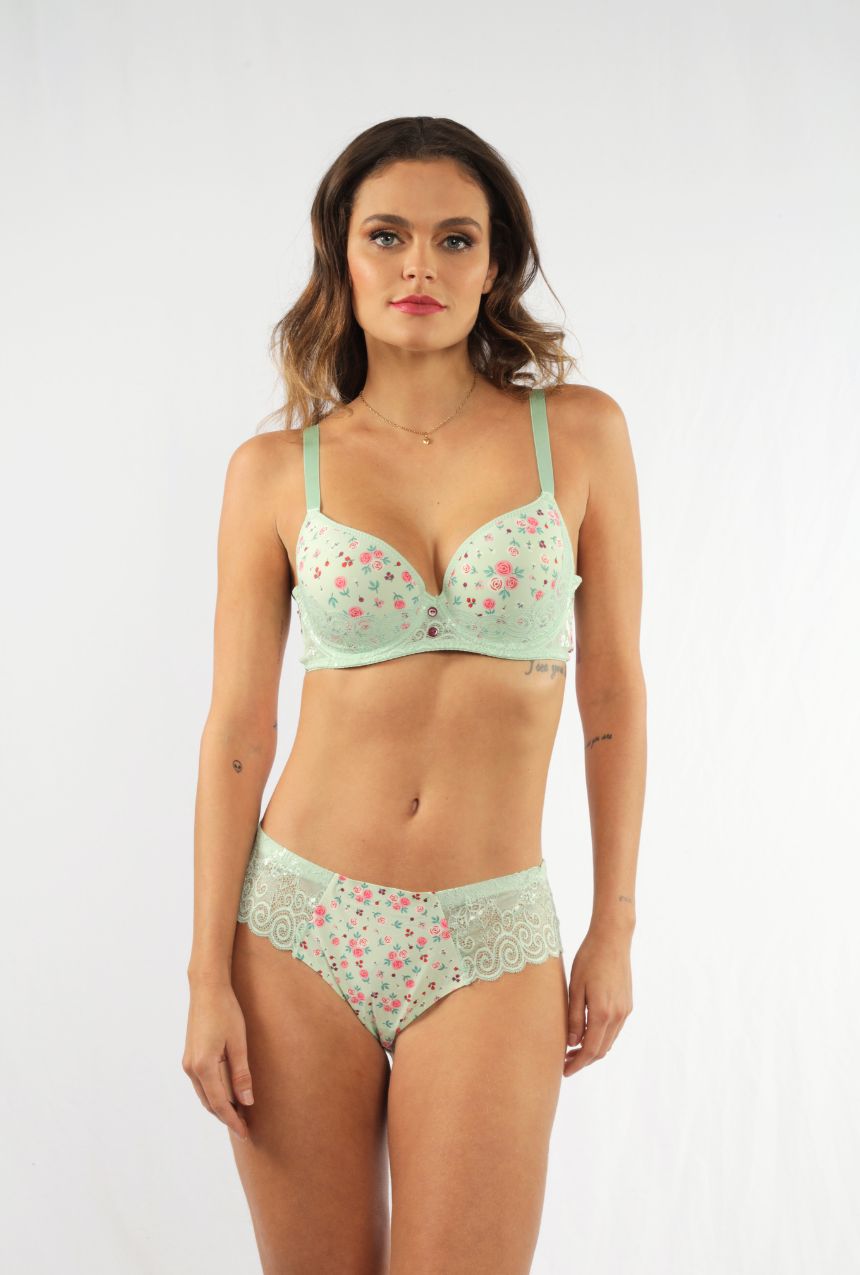 Coordinado brasier copa clásica con bikini y detalles de encaje verde menta