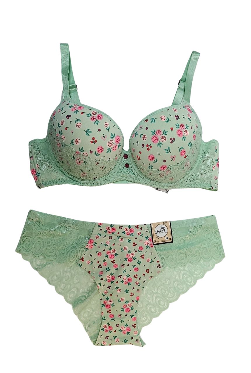 Coordinado brasier copa clásica con bikini y detalles de encaje verde menta