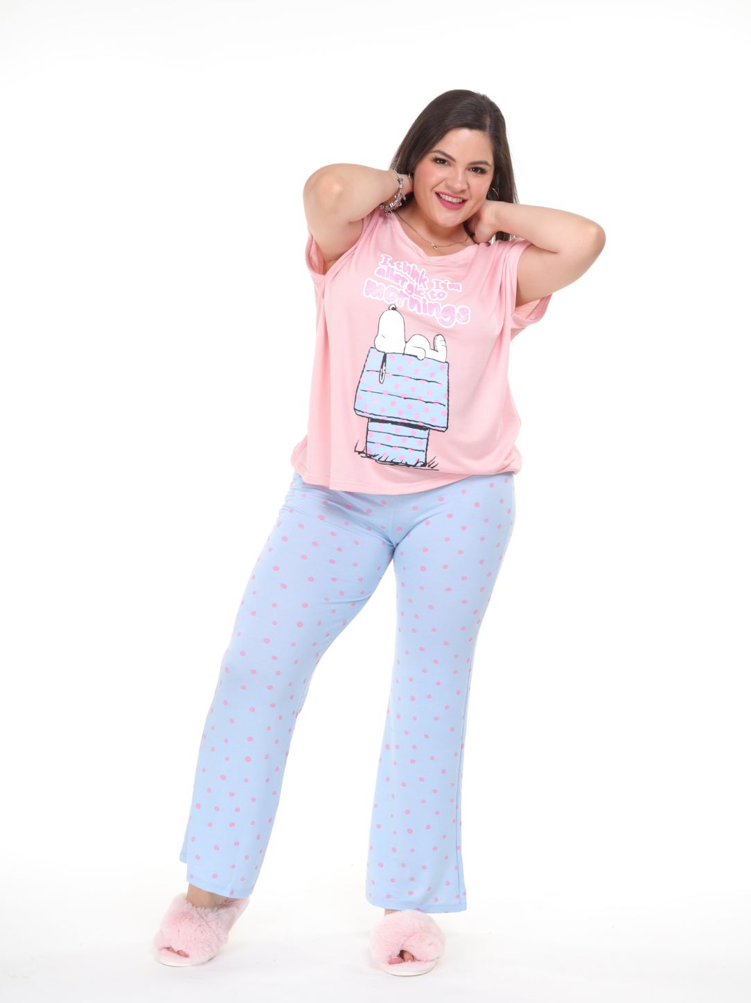 Pijama pantalón azul cielo y camisa manga corta snoopy rosa