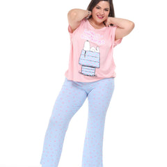 Pijama pantalón azul cielo y camisa manga corta snoopy rosa