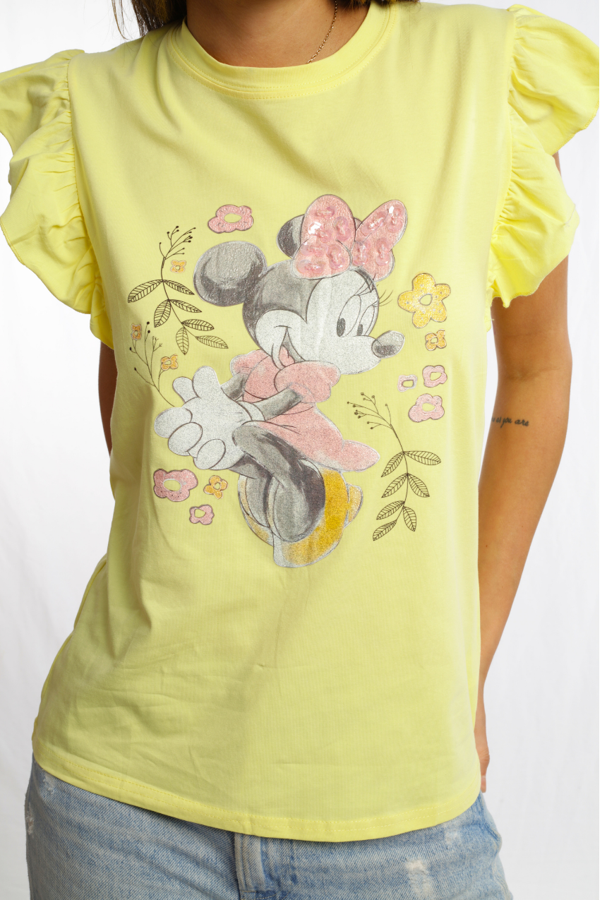 Playera manga corta holán con estampado y bordado de Minnie Mouse amarillo