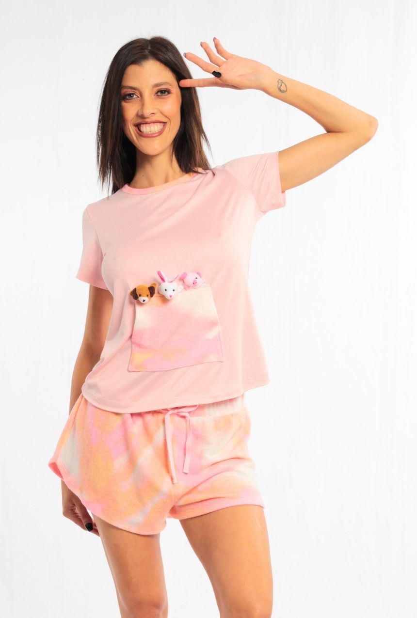 Pijama short con playera manga corta de animalitos de peluche