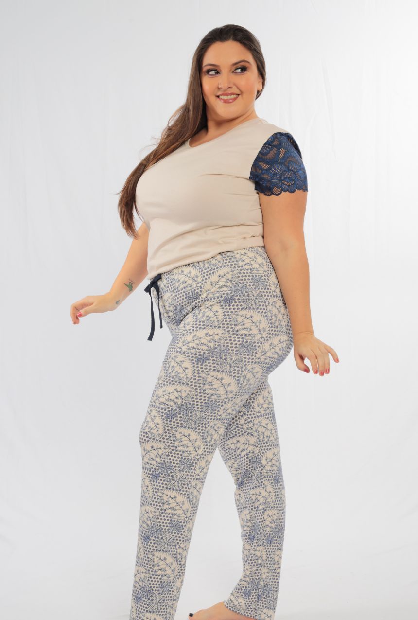 Pijama pantalón con Playera manga corta de encaje
