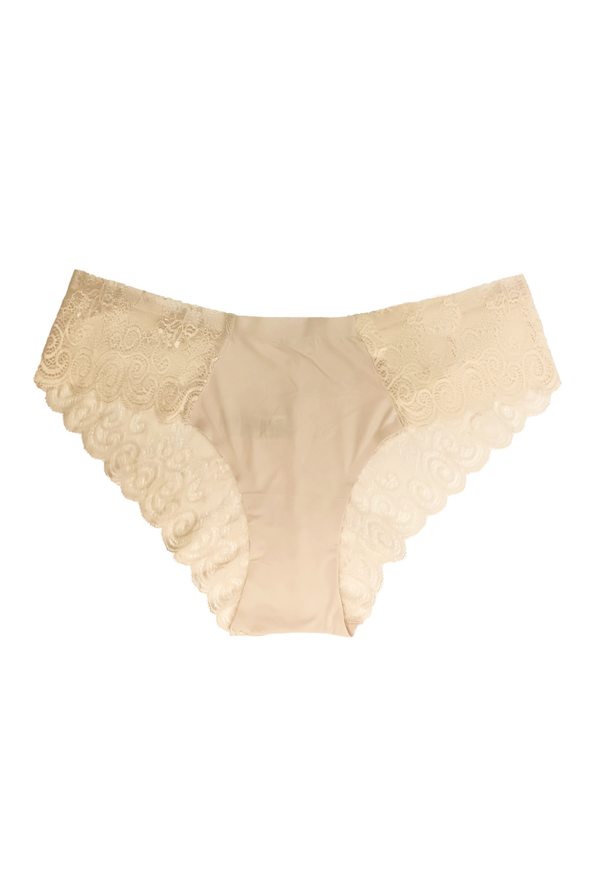 Calzón tipo bikini de costuras fusionadas, laterales y trasero de encaje