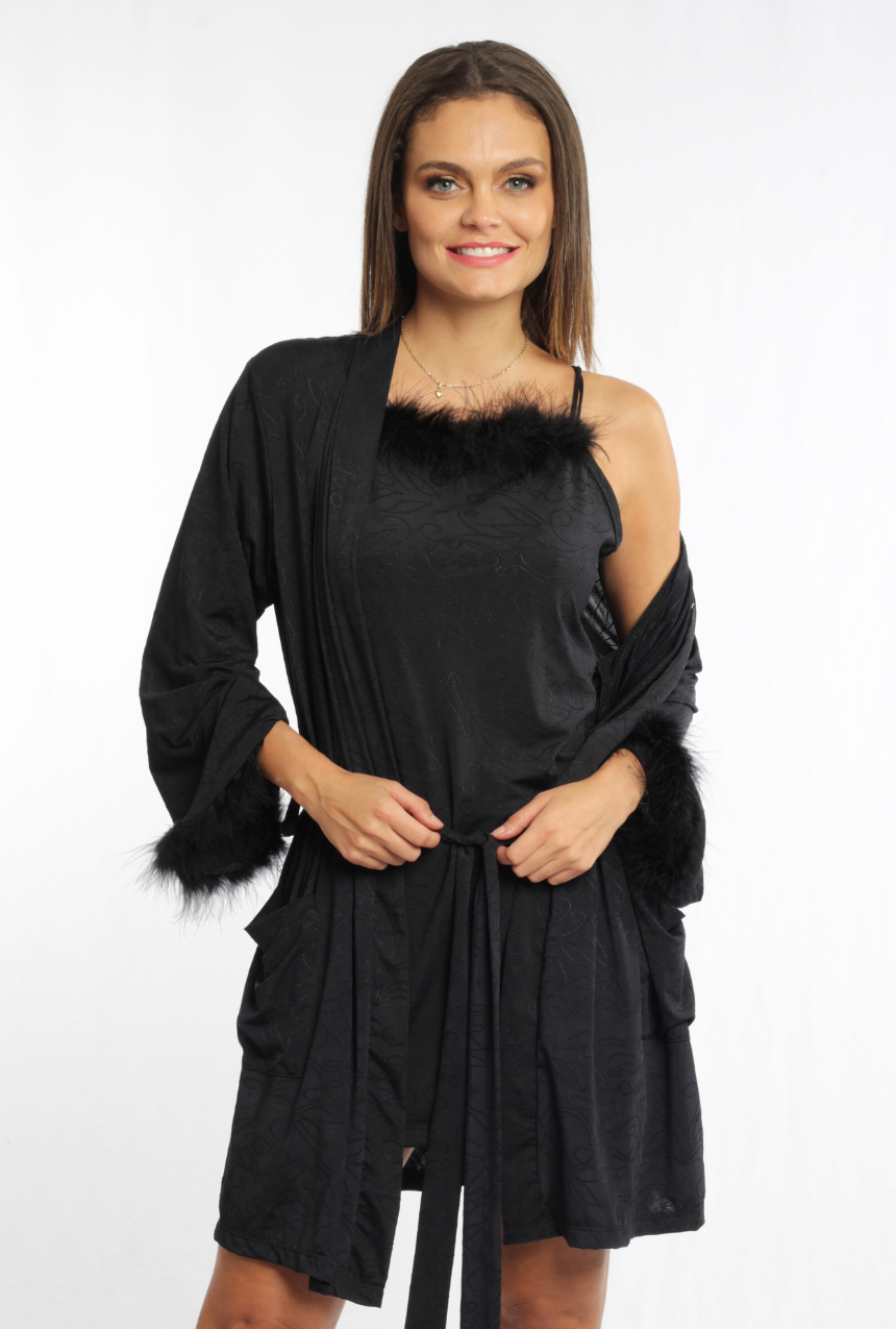 Conjunto pijama tipo camisón 1 bata cruzada y detalles de marbu en escote y mangas