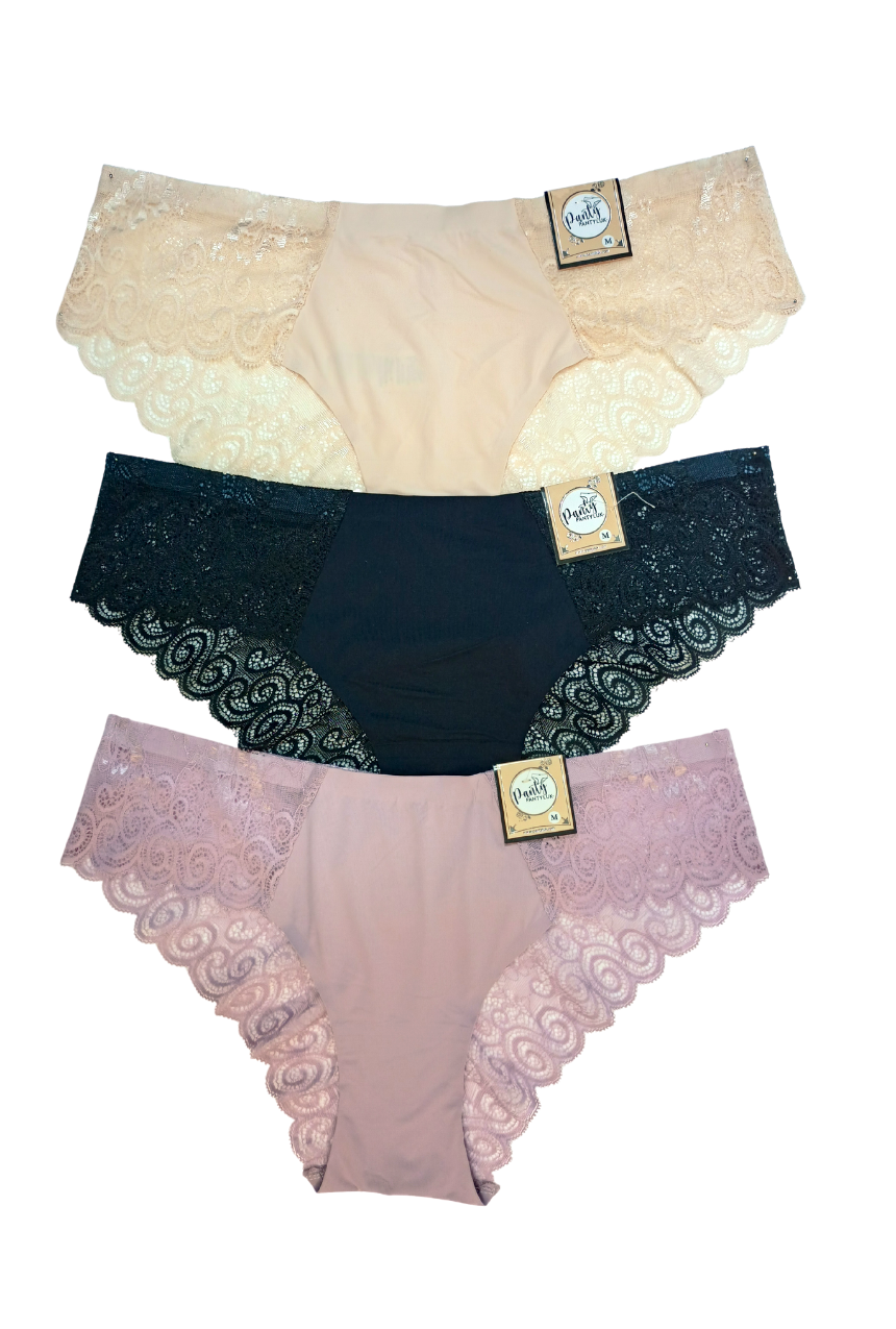 Paquete de 3 calzones tipo bikini sin costuras y detalles de encaje
