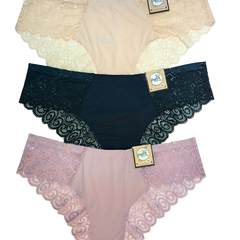 Paquete de 3 calzones tipo bikini sin costuras y detalles de encaje