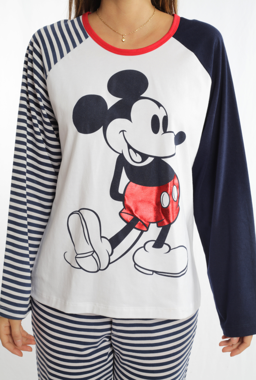 Pijama Pantalón a rayas con playera manga larga Mickey Mouse.