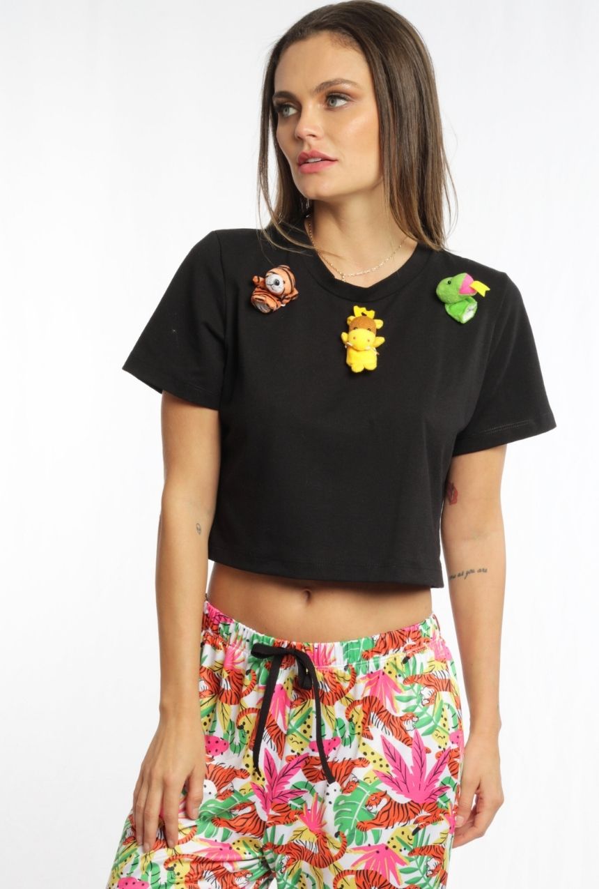 Pijama pantalón con playera manga corta de aplicación animalitos de a selva