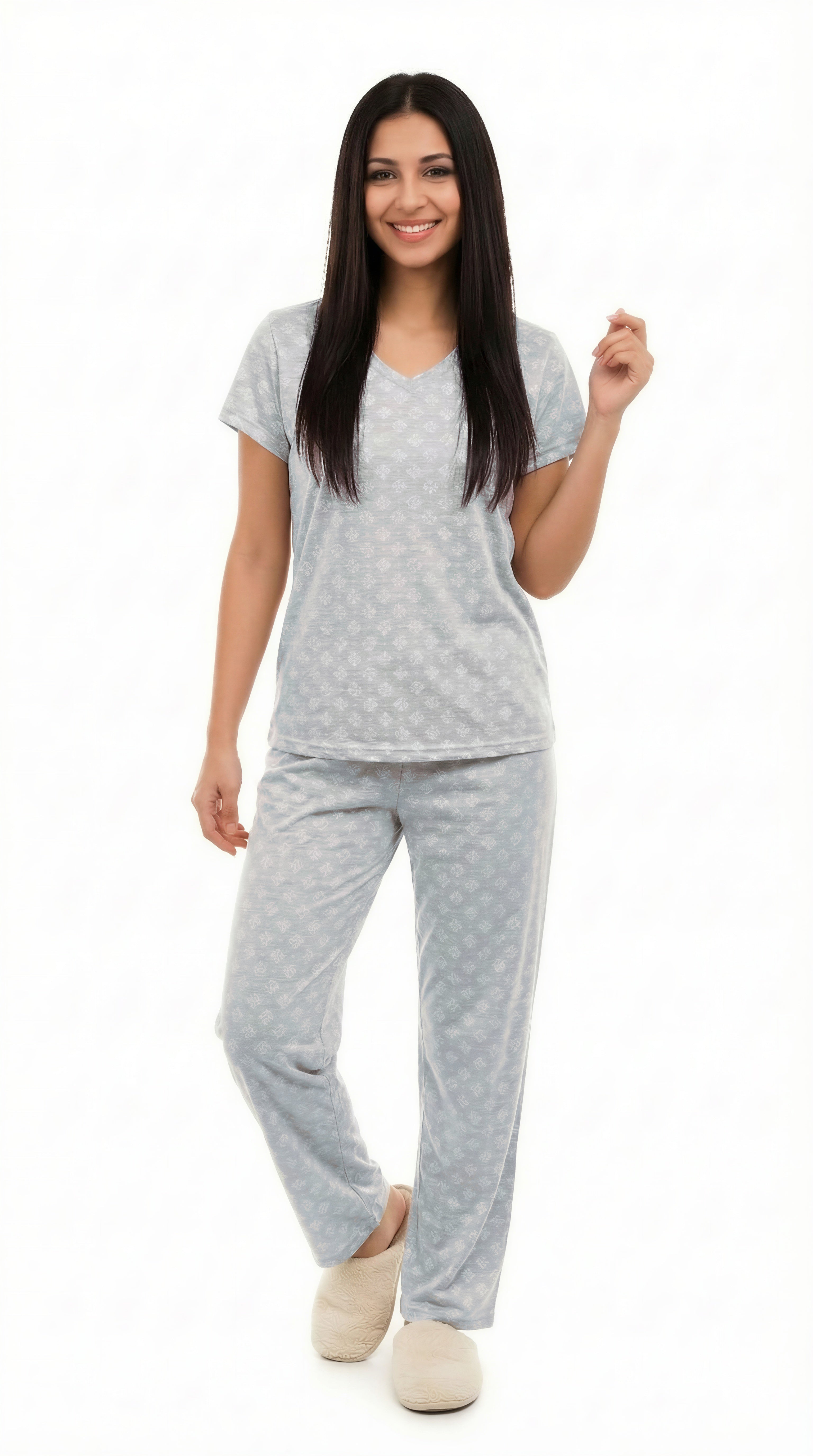 Pijama pantalón y camisa manga larga con botones color gris jaspeado