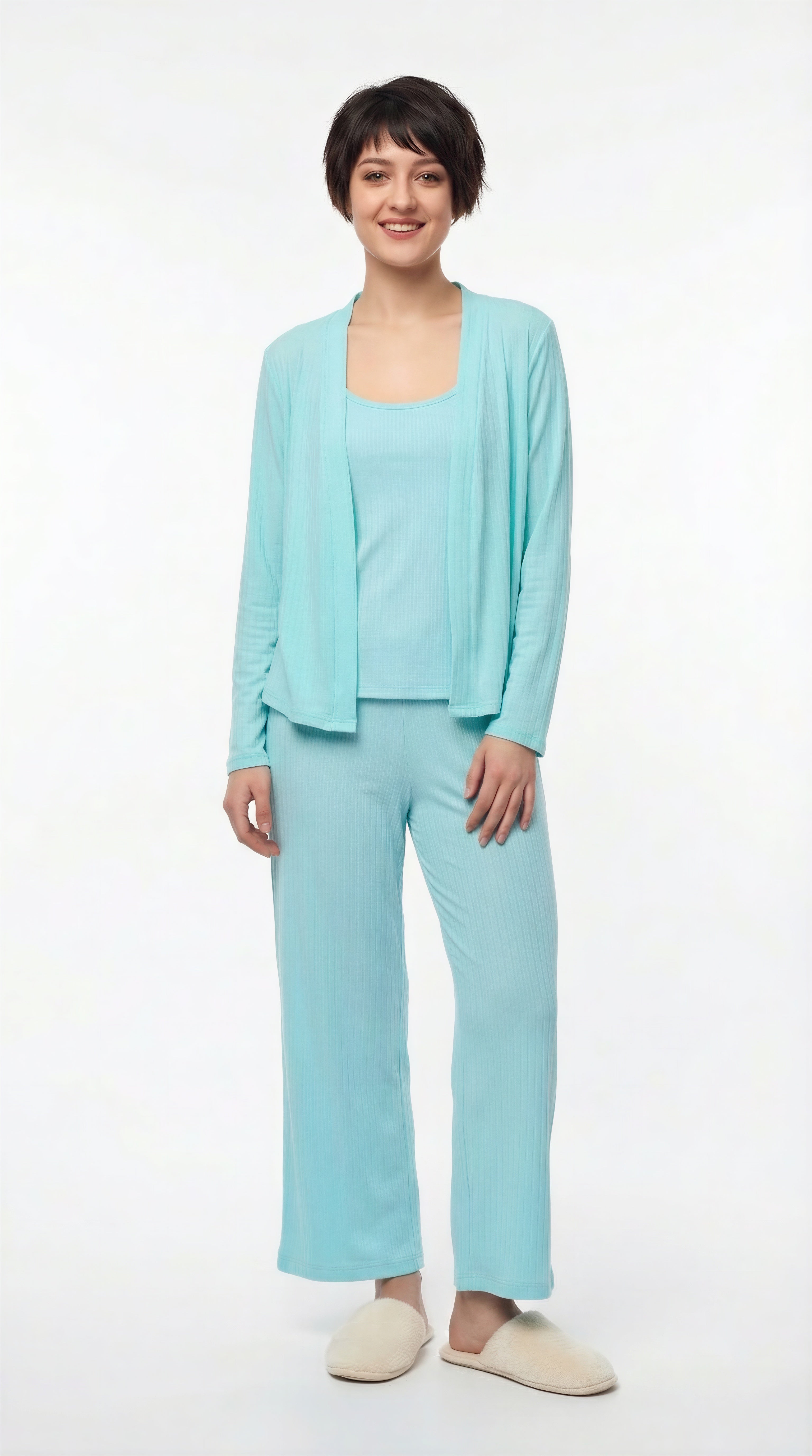 Set 3 piezas pantalón y top con cardigan manga larga color aqua