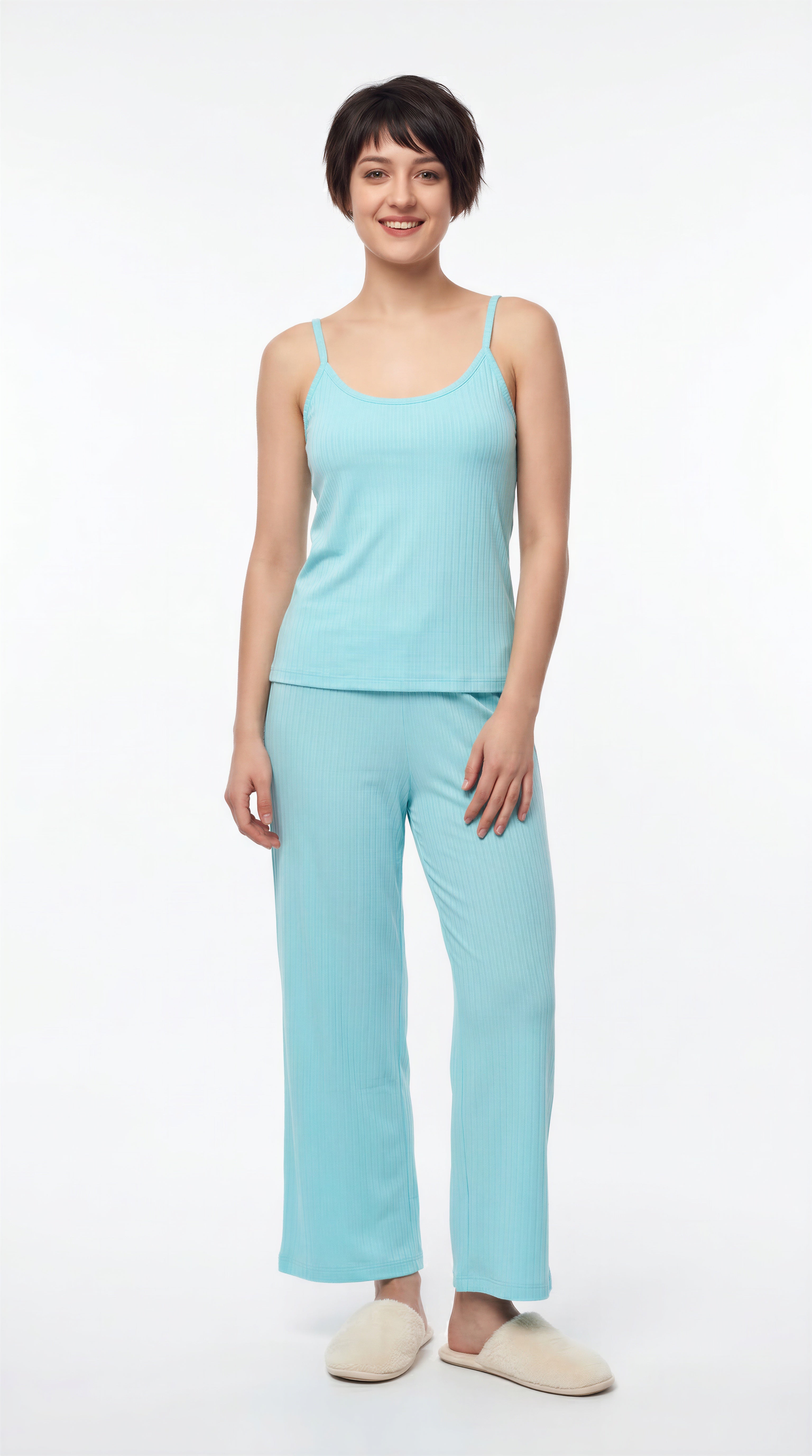 Set 3 piezas pantalón y top con cardigan manga larga color aqua