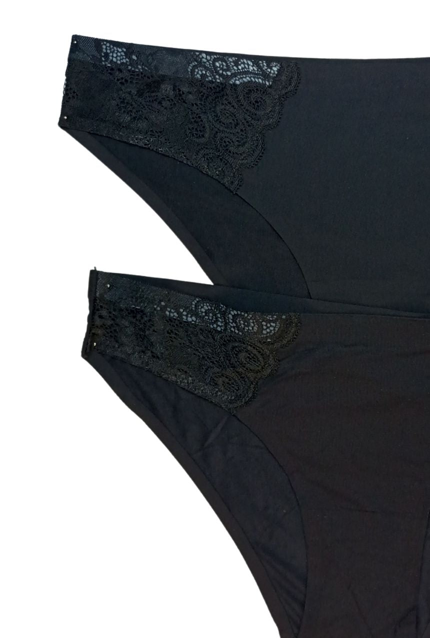 Paquete de 2 calzones negros tipo bikini sin costuras y laterales de encaje