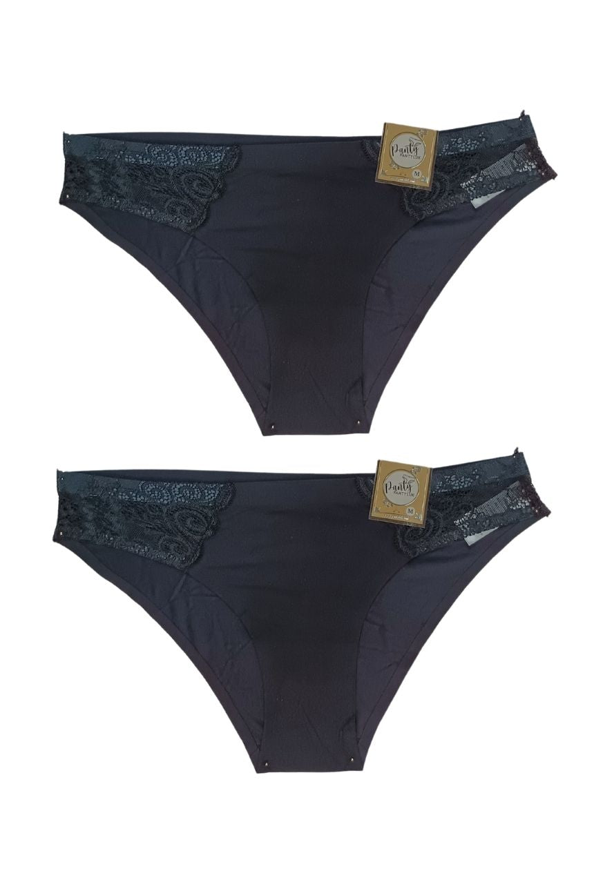 Paquete de 2 calzones negros tipo bikini sin costuras y laterales de encaje