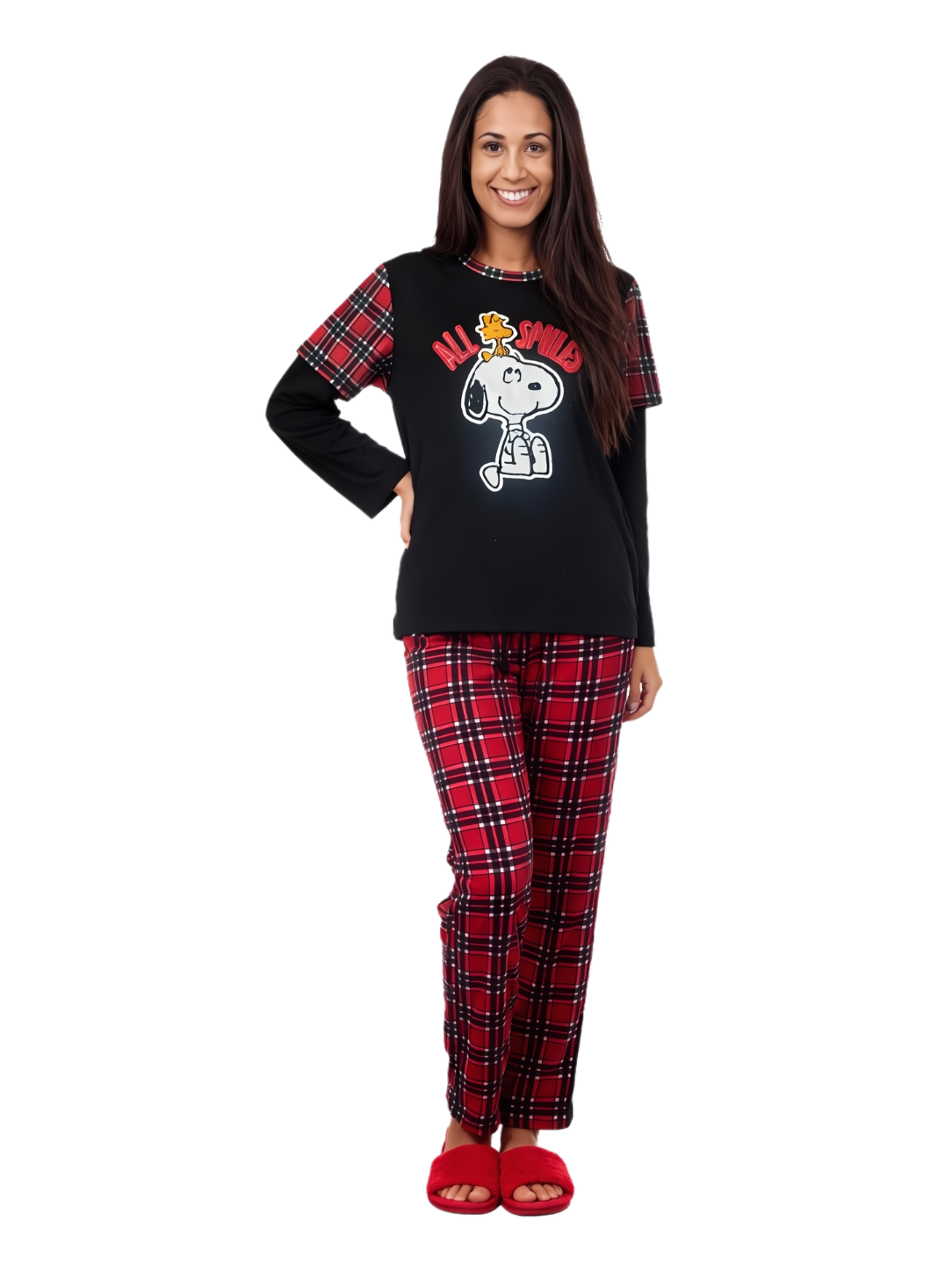 Pijama mujer cuadros rojos pantalón y camisa manga larga negra snoopy