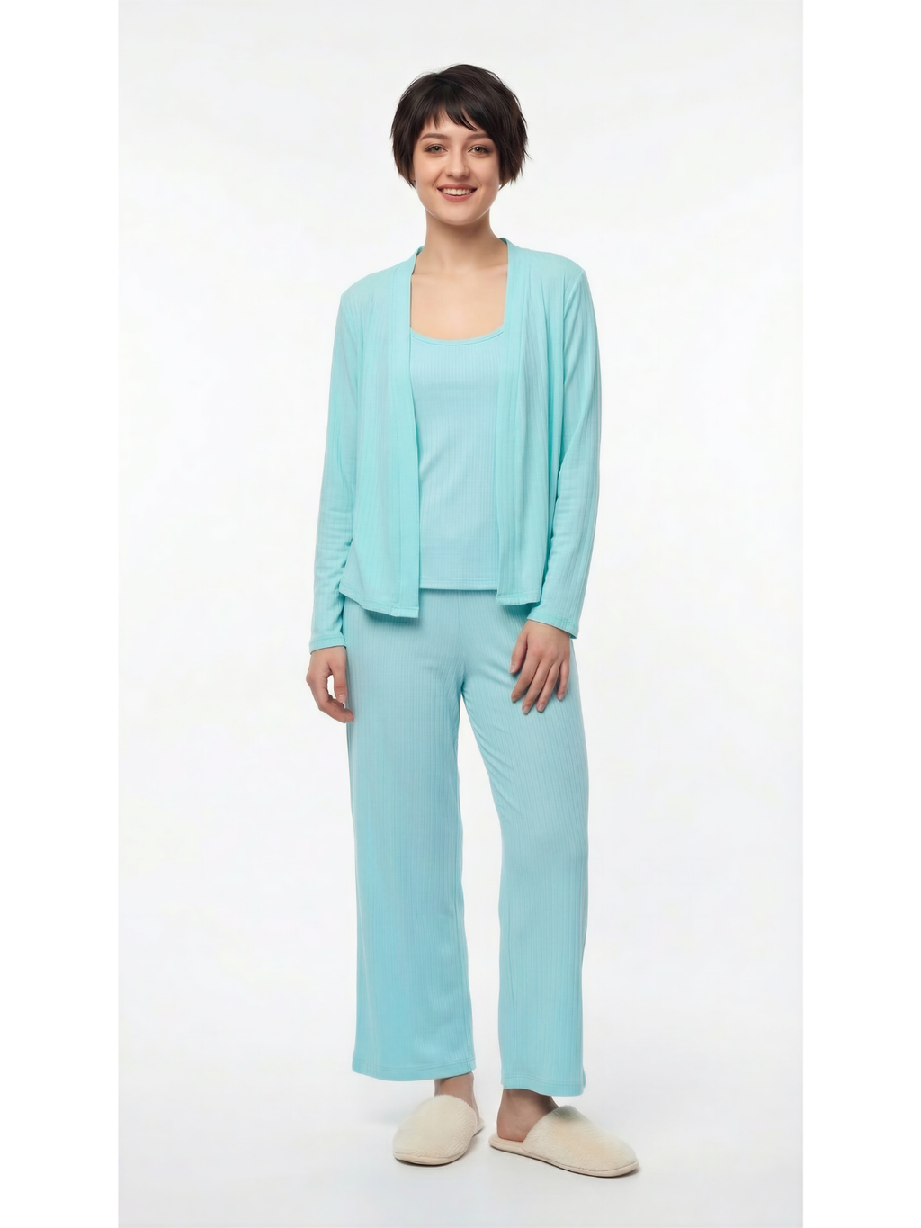 Set 3 piezas pantalón y top con cardigan manga larga color aqua
