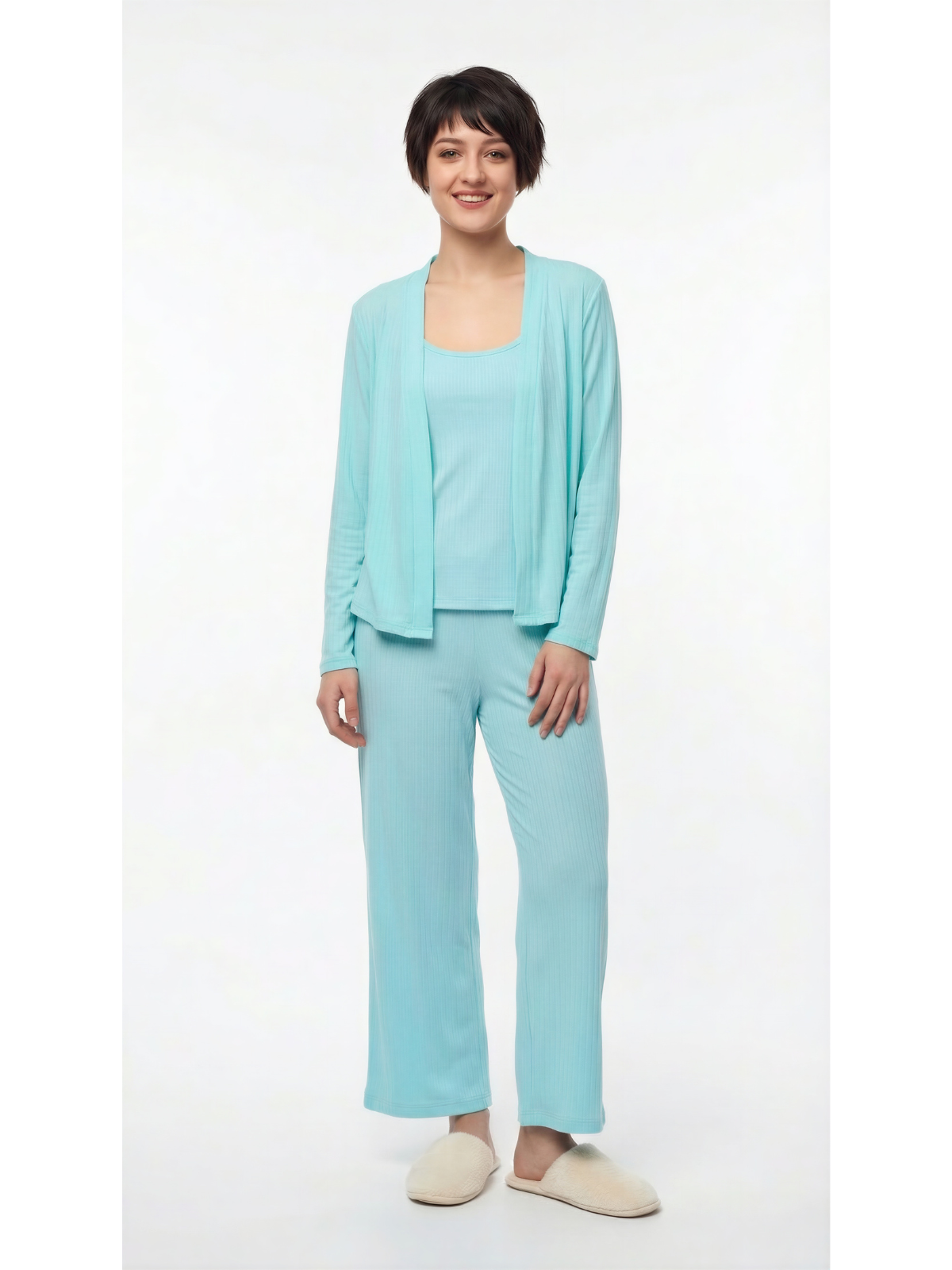 Set 3 piezas pantalón y top con cardigan manga larga color aqua