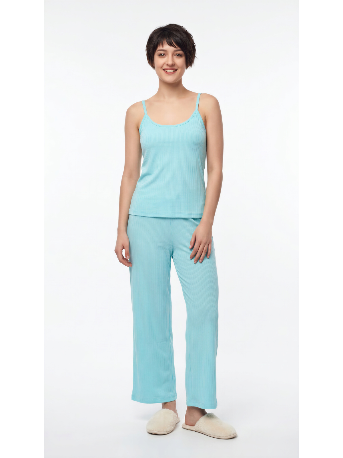 Set 3 piezas pantalón y top con cardigan manga larga color aqua