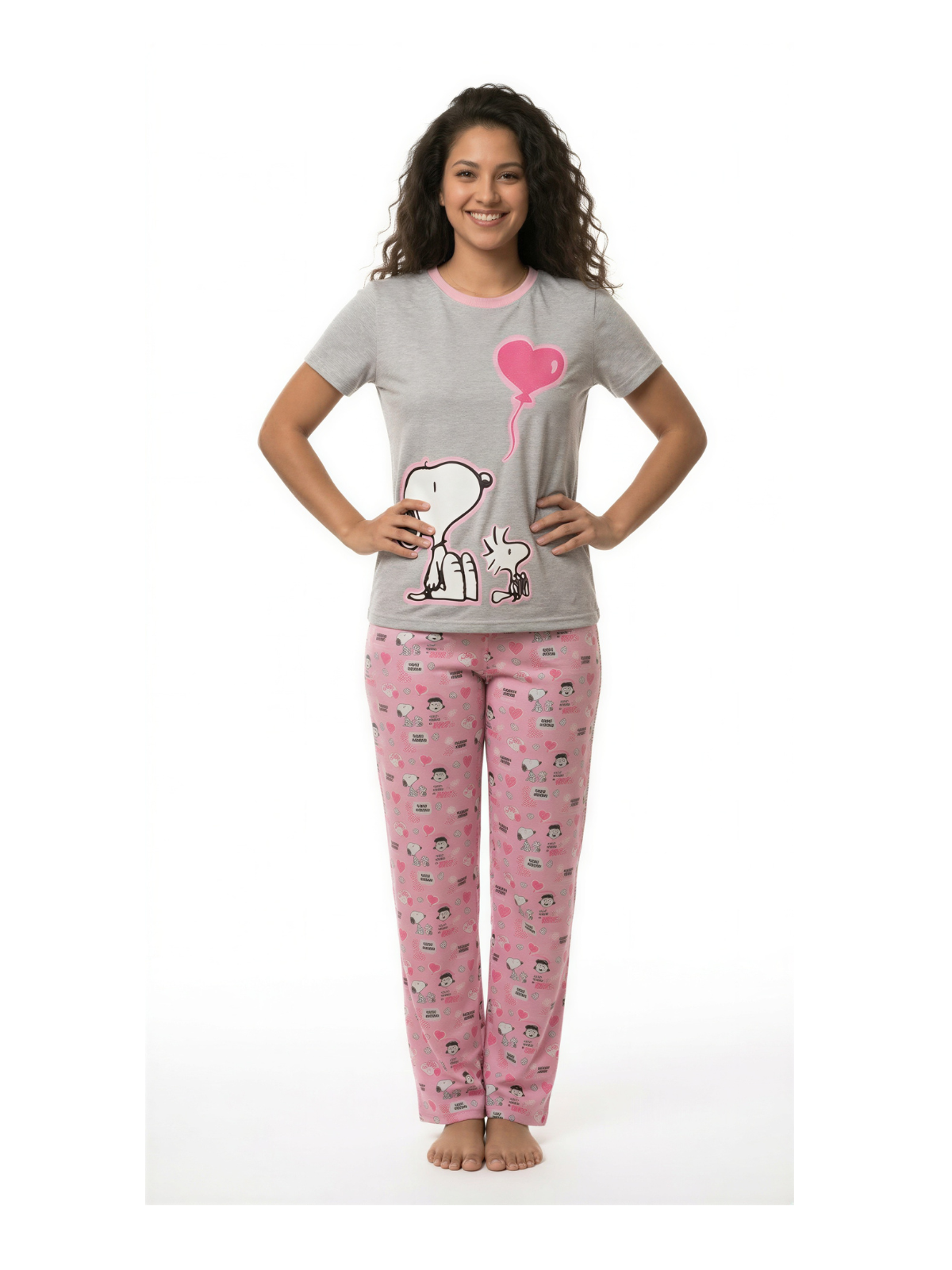 Pijama 3 piezas, pantalón y short gris con camisa manga corta de snoopy