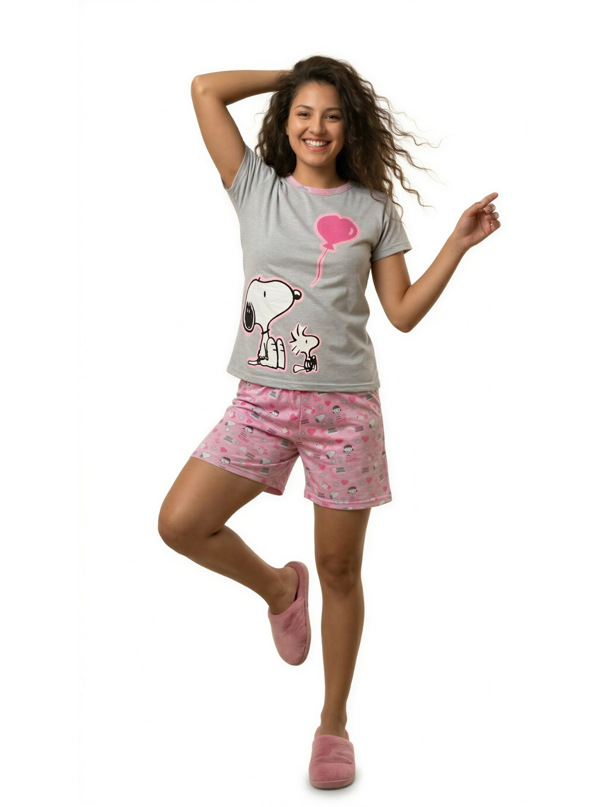 Pijama 3 piezas, pantalón y short gris con camisa manga corta de snoopy