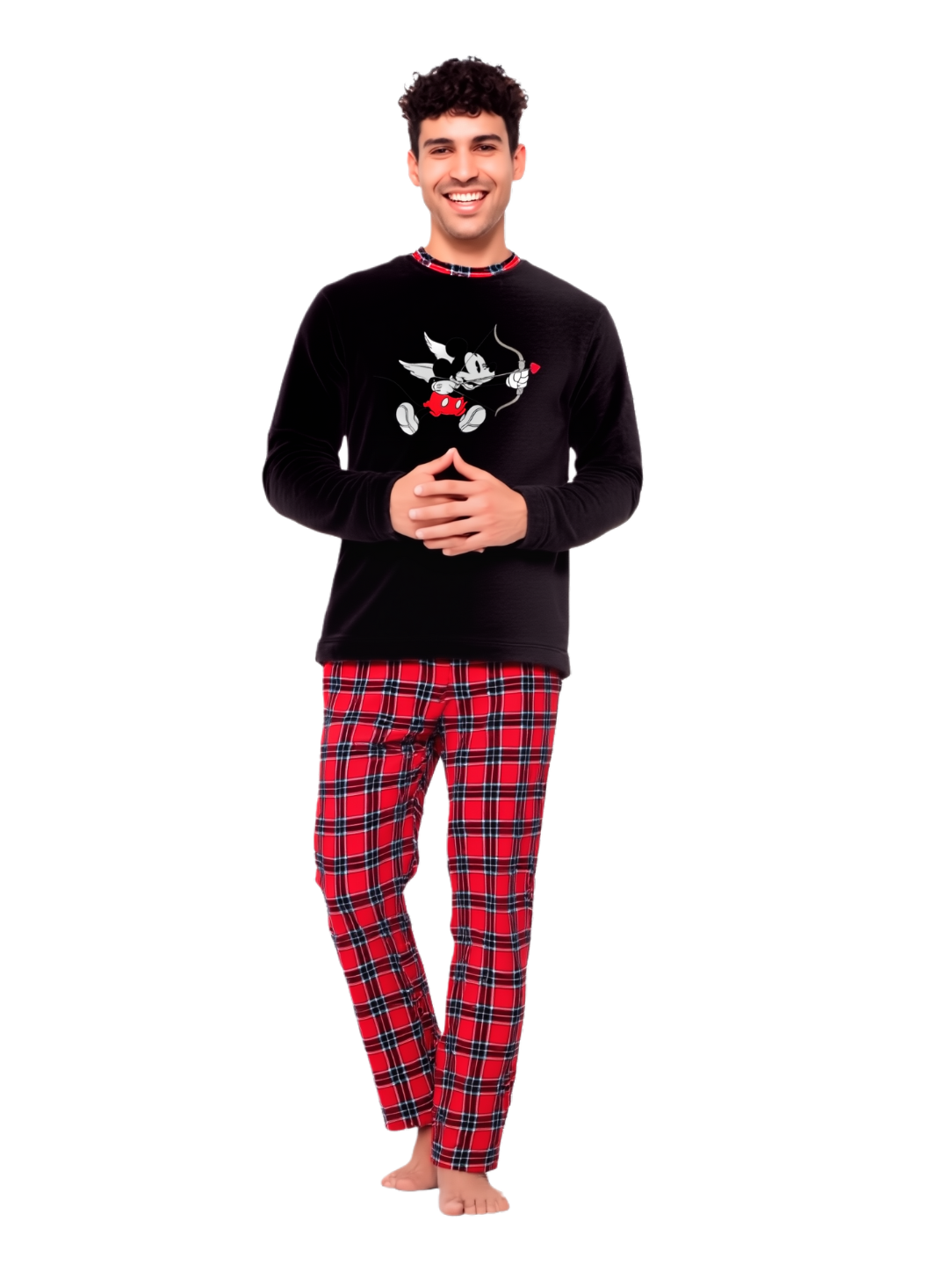 Pijama hombre pantalón cuadros rojos y camisa manga larga mickey mouse cupido