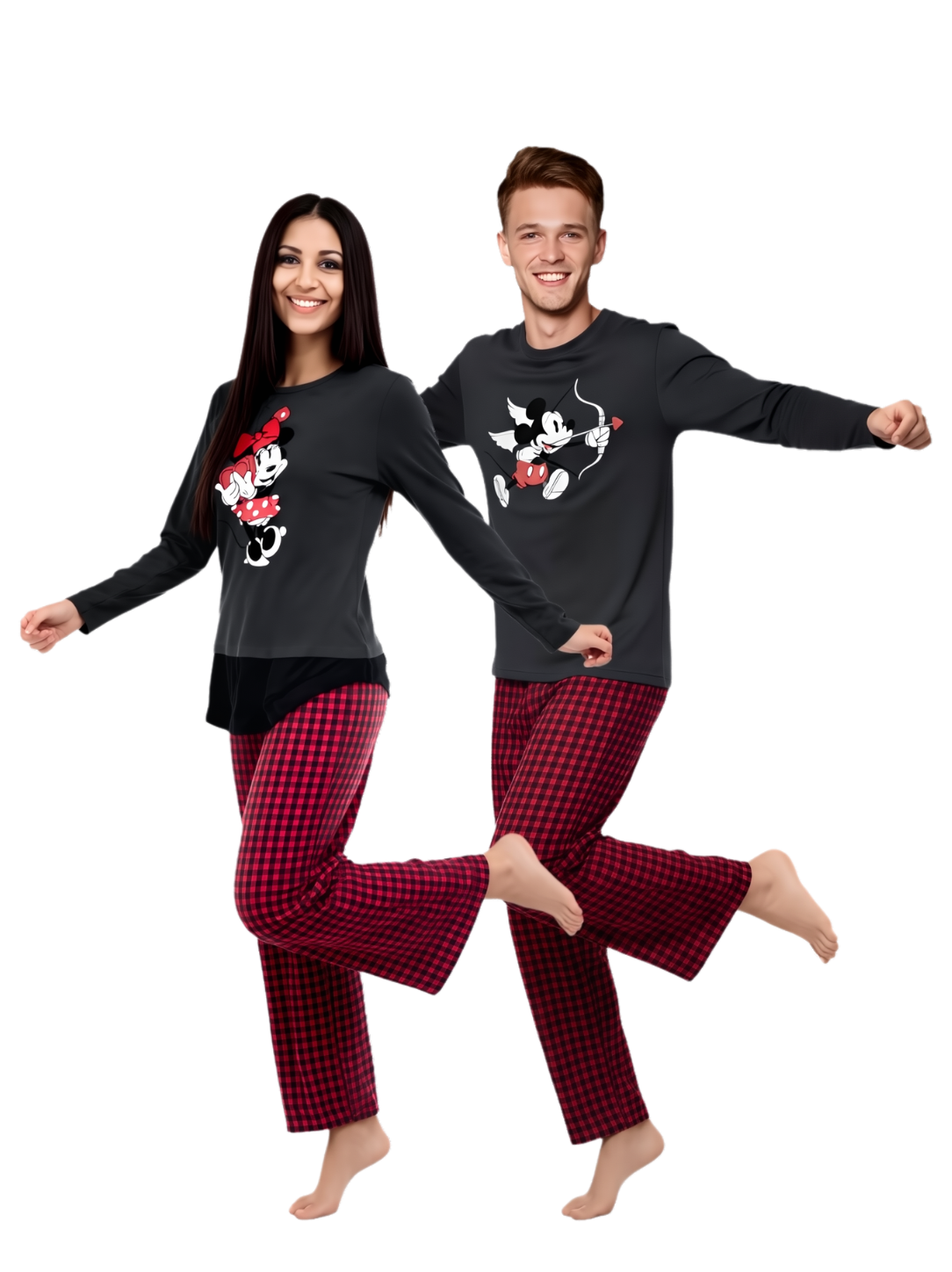 Pijama mujer pantalón cuadros rojos y camisa manga larga minnie mouse cupido