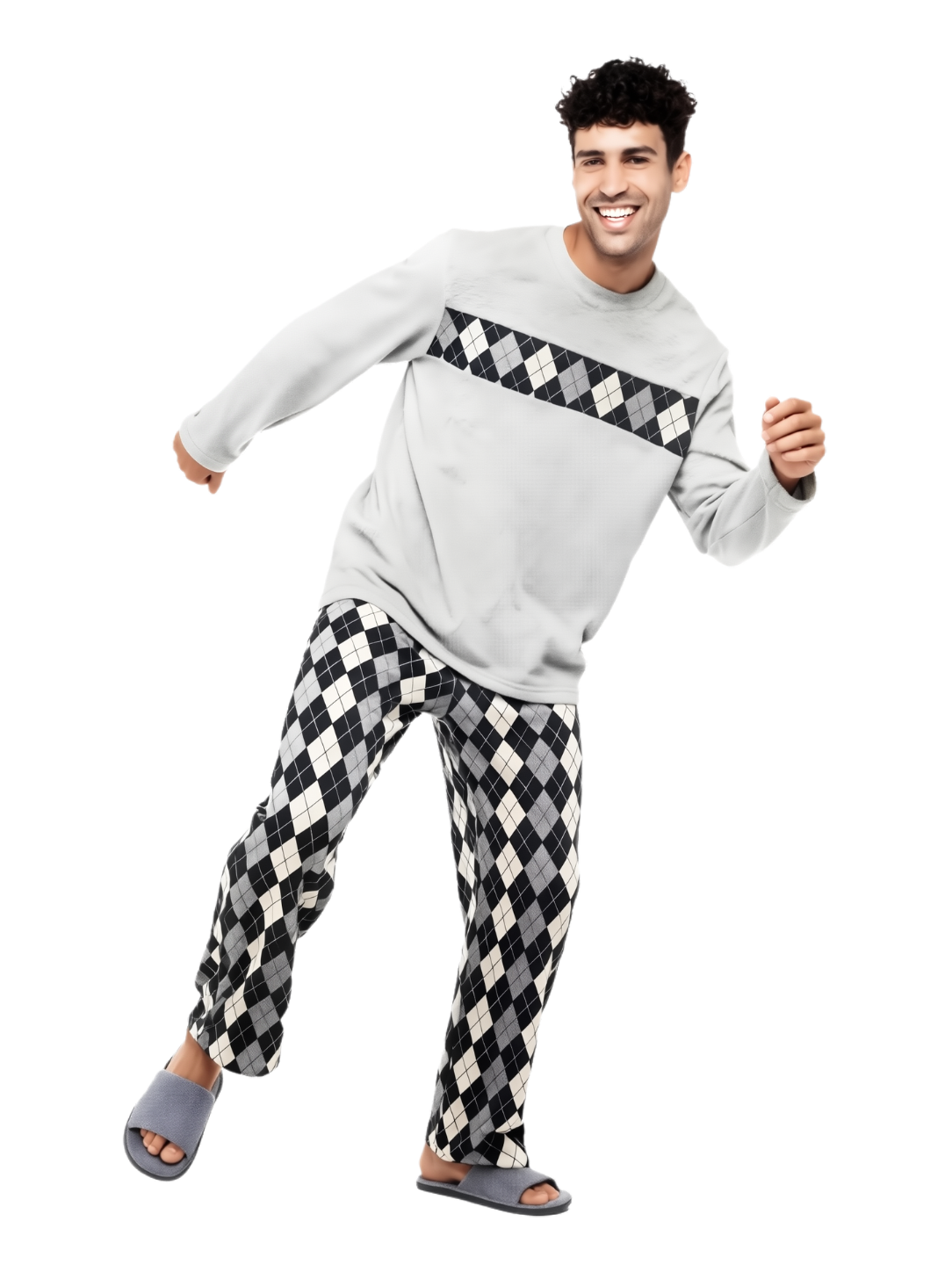 Pijama pantalón cuadros negros y playera manga larga gris