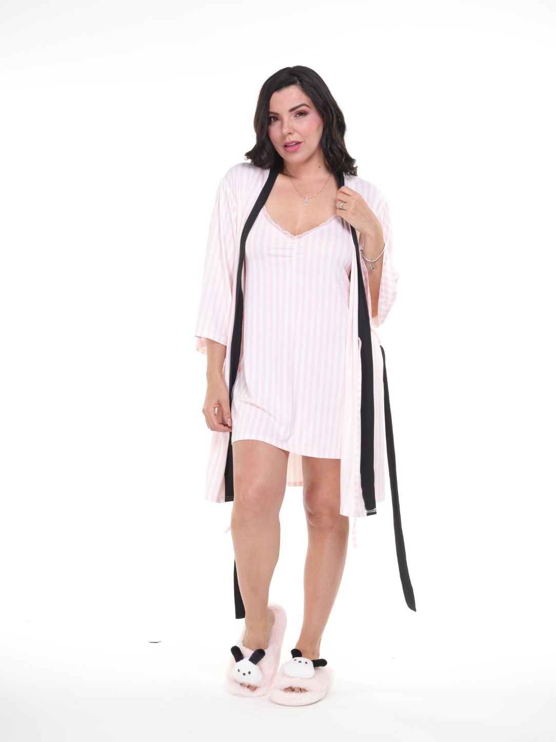 Camisón y bata rayas rosa