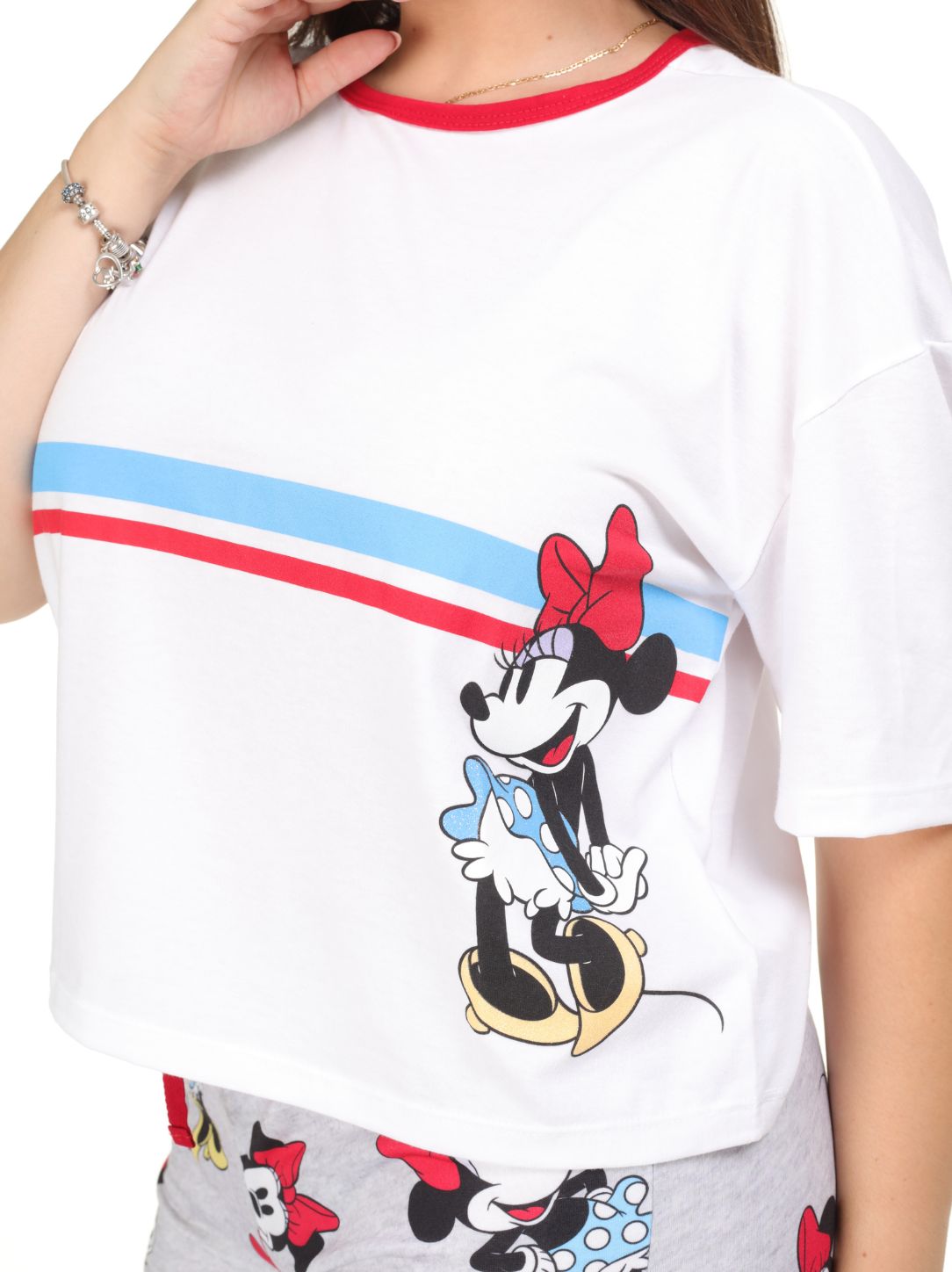 Pijama 3 piezas, pantalón y short gris con camisa manga corta de minnie