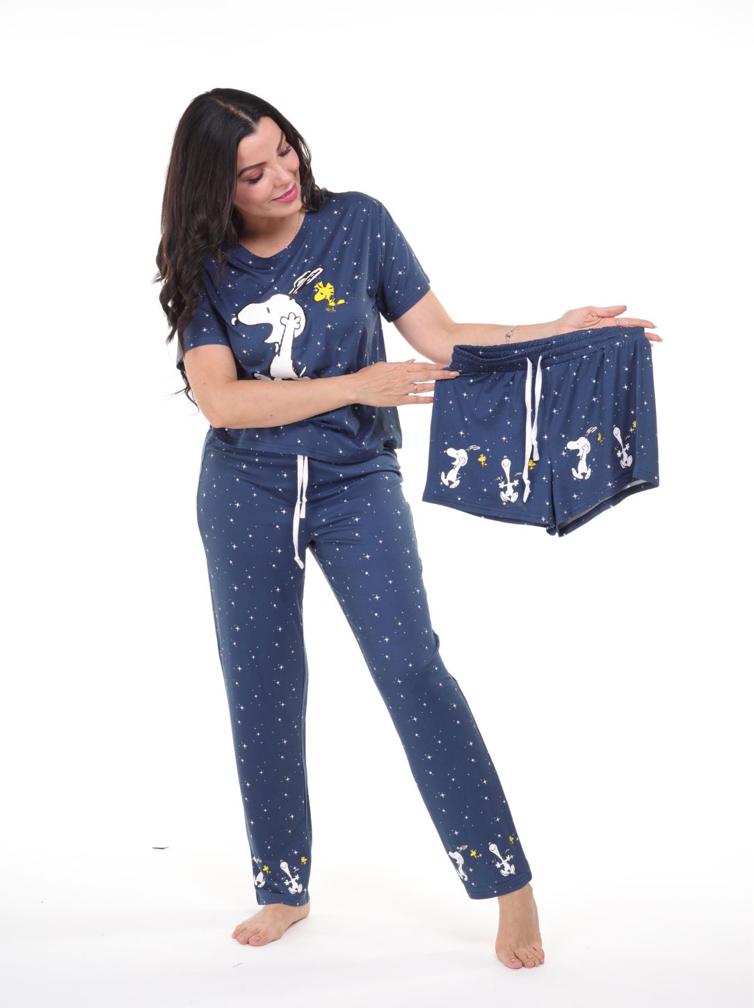 Pijama 3 piezas short, pantalón y camisa manga corta de snoopy azul estrellas