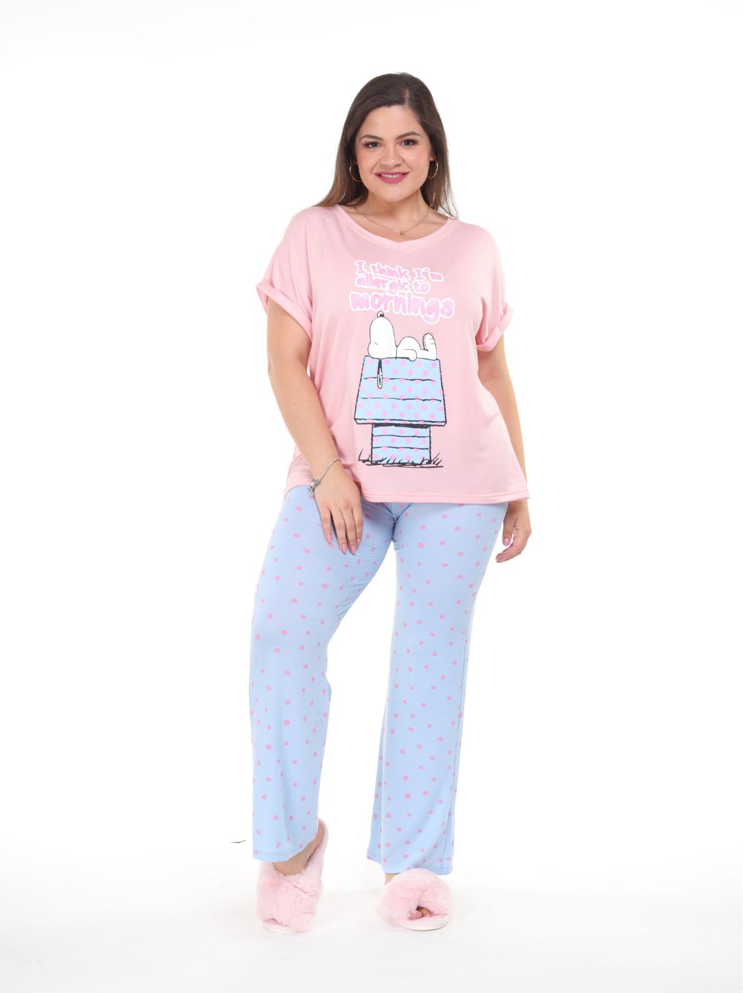 Pijama pantalón azul cielo y camisa manga corta snoopy rosa