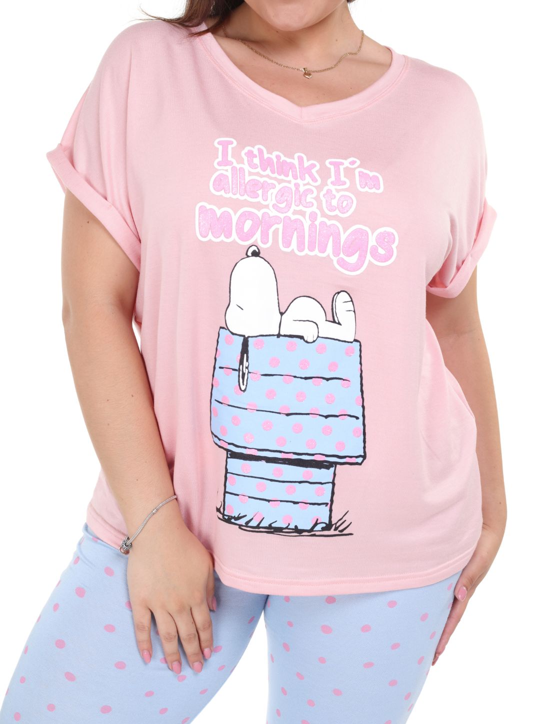Pijama pantalón azul cielo y camisa manga corta snoopy rosa
