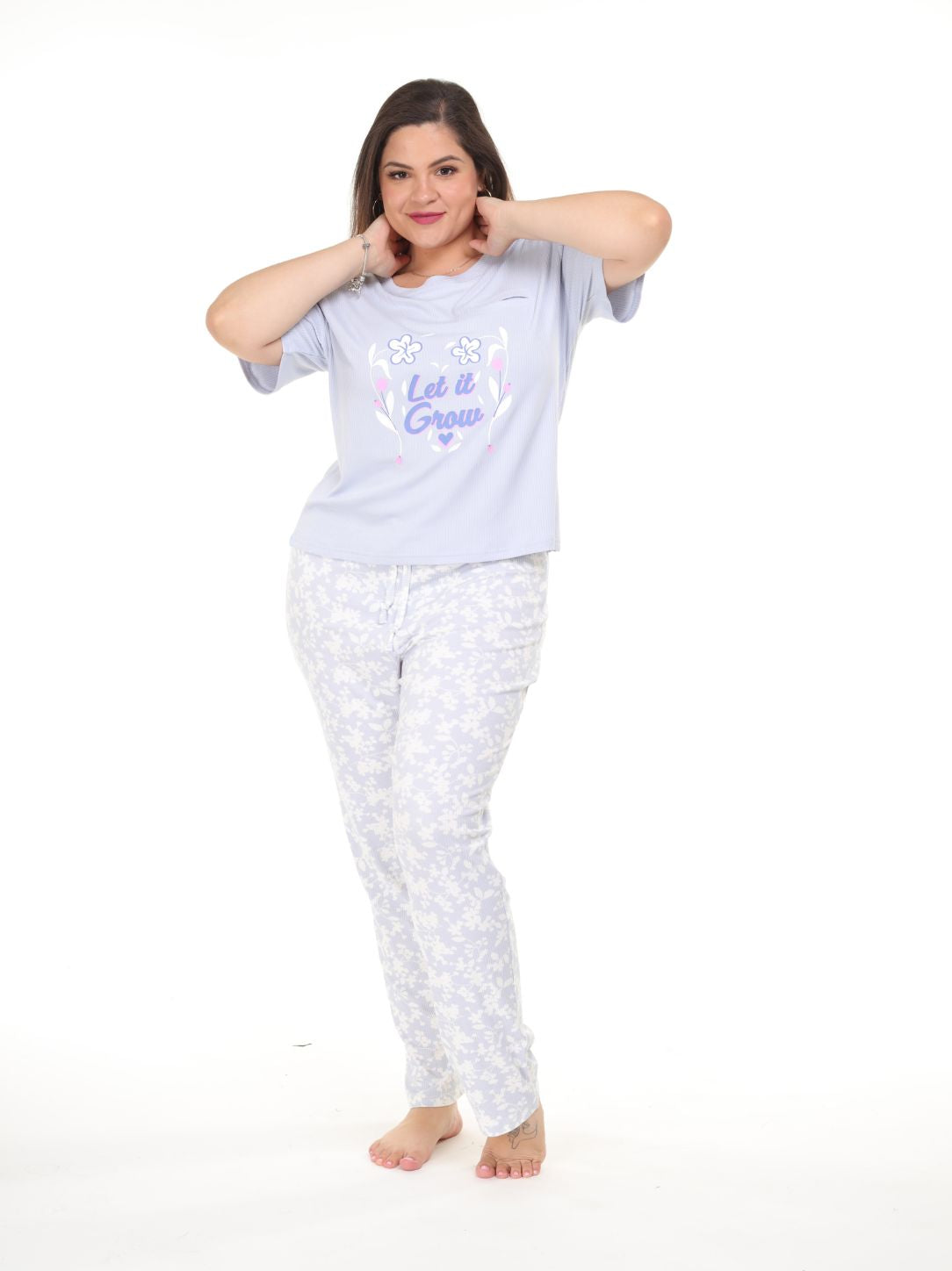 Pijama pantalón flores y camisa manga corta lila