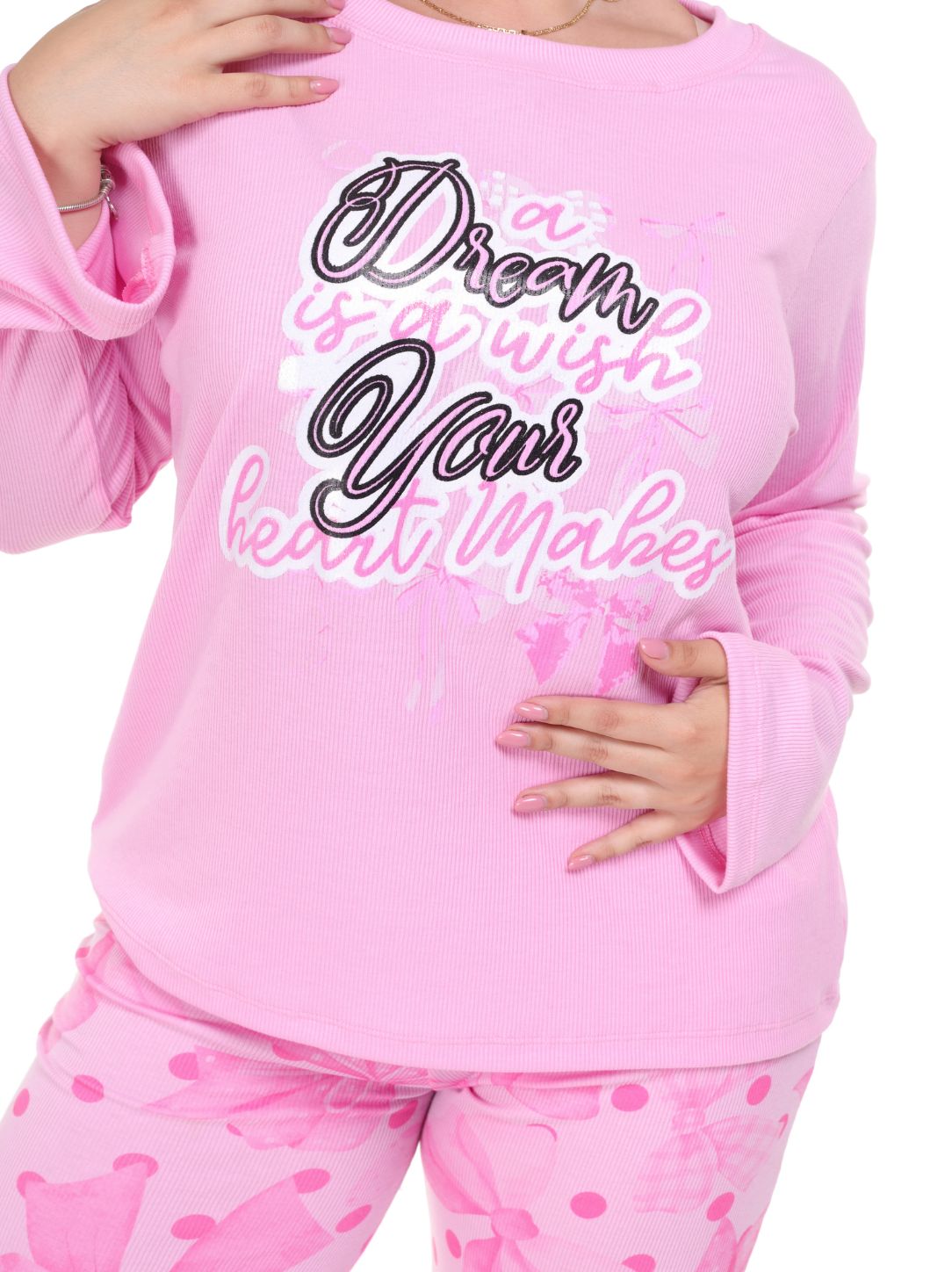 Pijama pantalón moños y camisa manga larga rosa