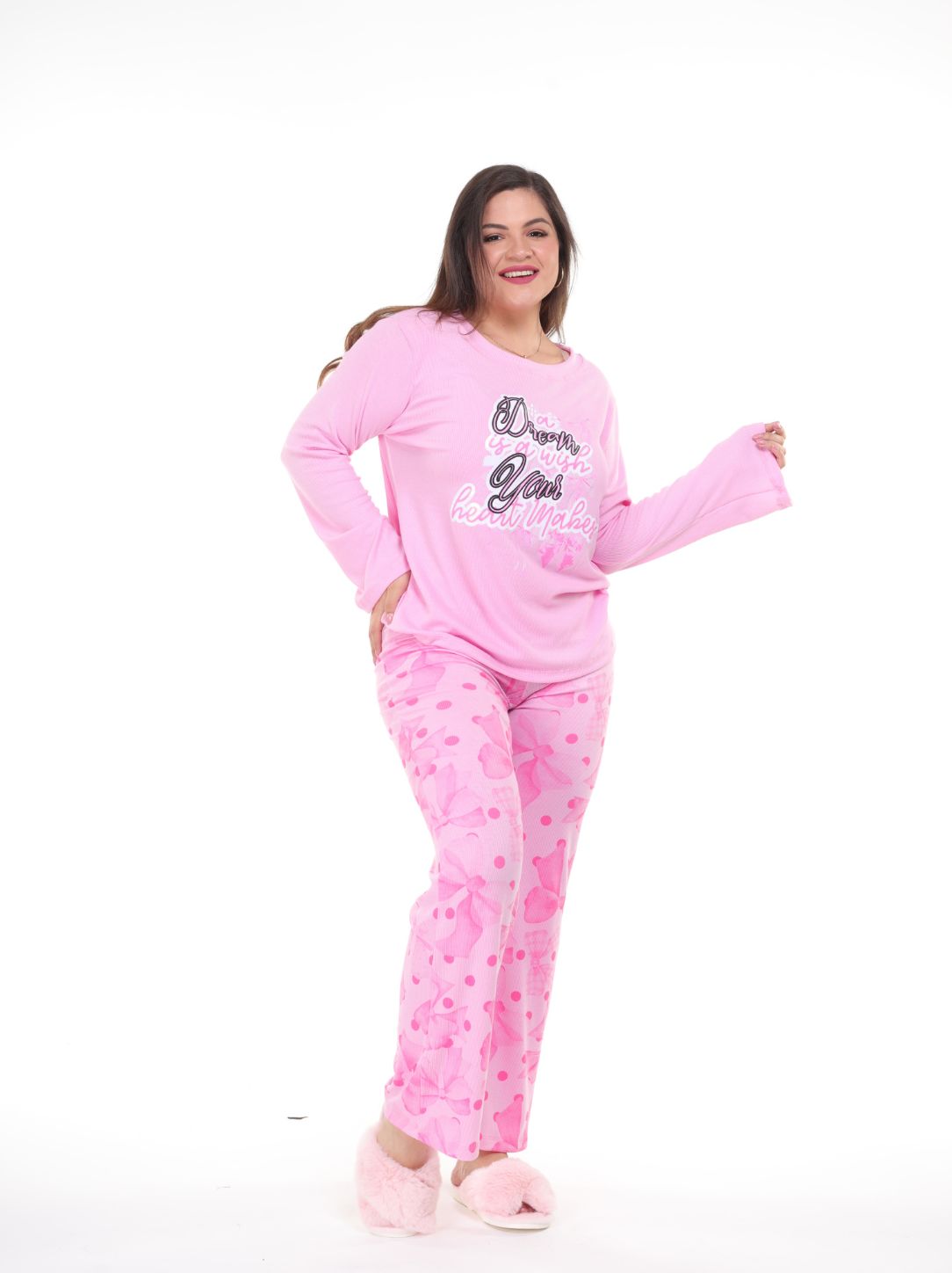Pijama pantalón moños y camisa manga larga rosa
