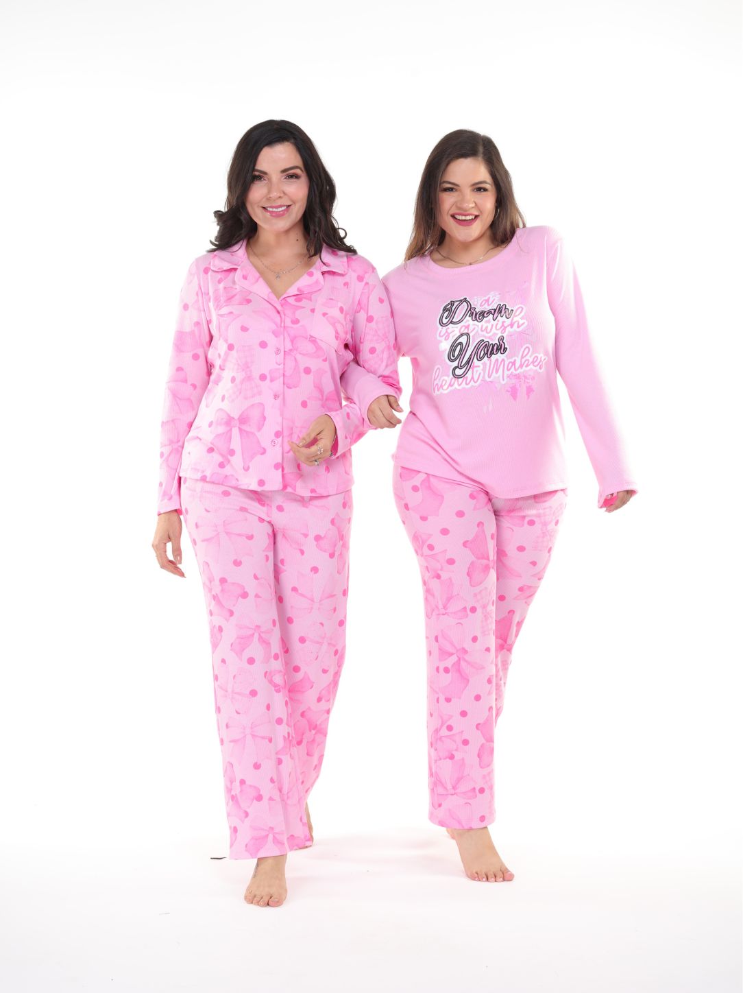Pijama pantalón moños y camisa manga larga rosa