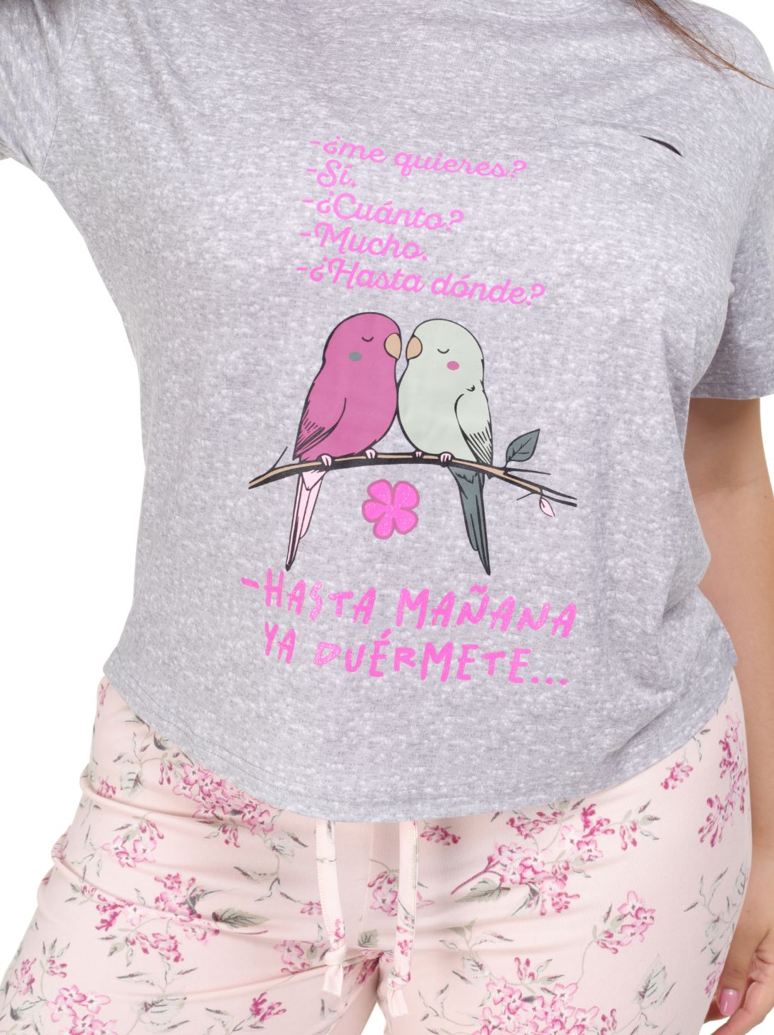 Pijama pantalón pajaritos y camisa manga corta gris