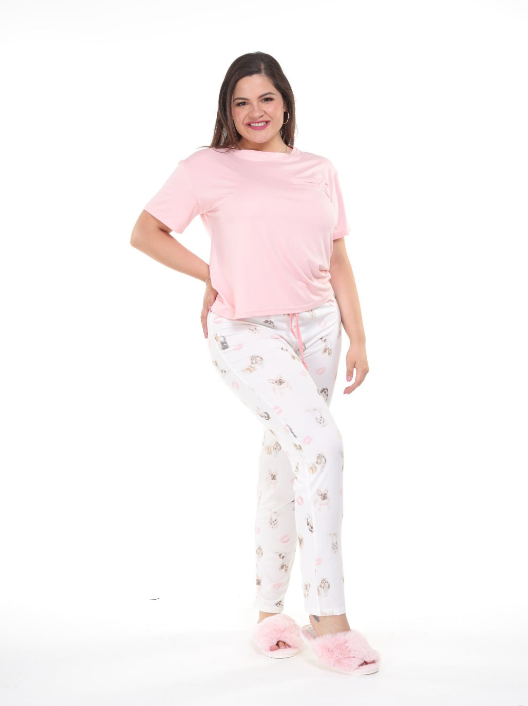Pijama pantalón perritos blanco y camisa manga corta rosa