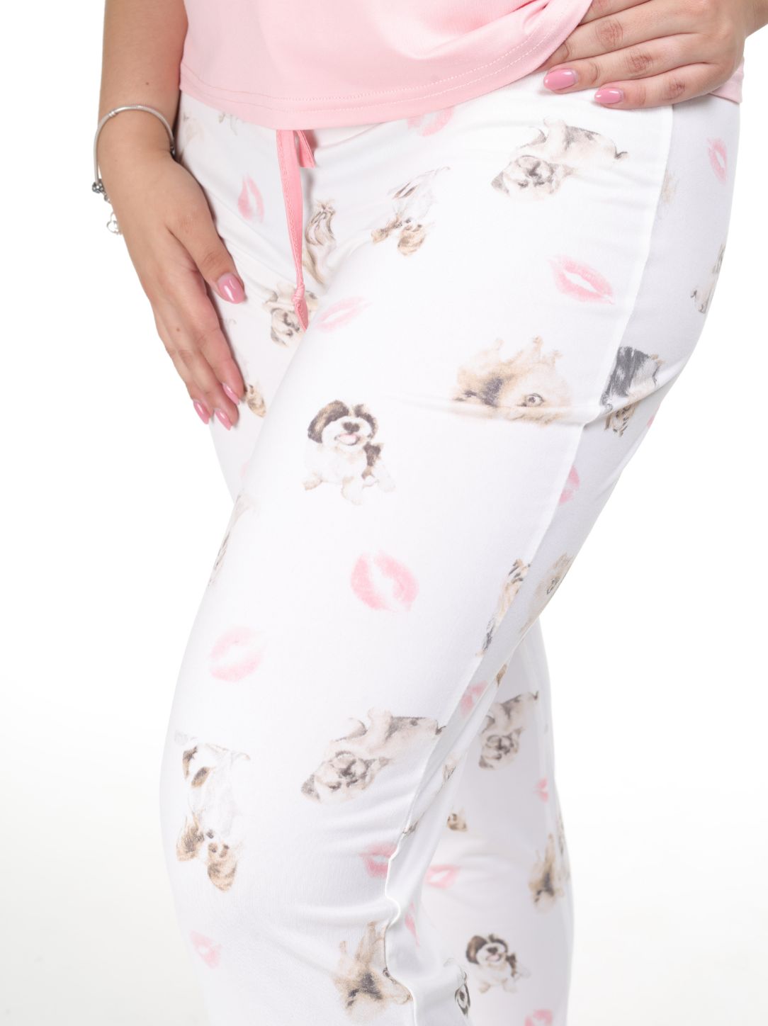 Pijama pantalón perritos blanco y camisa manga corta rosa