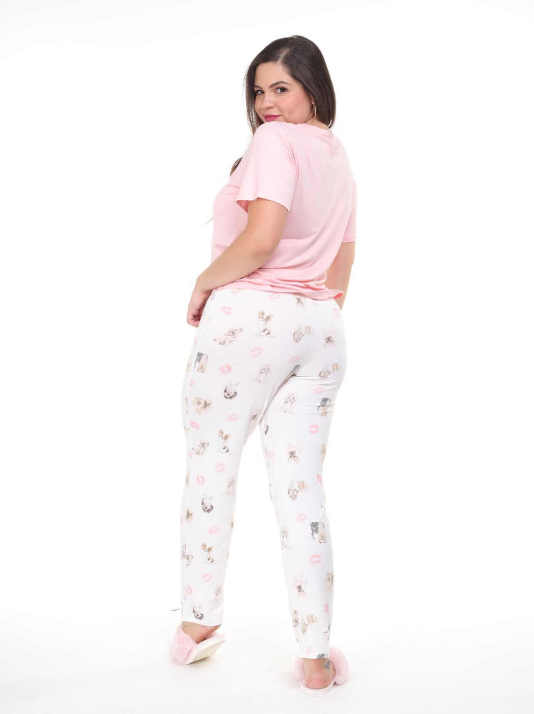 Pijama pantalón perritos blanco y camisa manga corta rosa